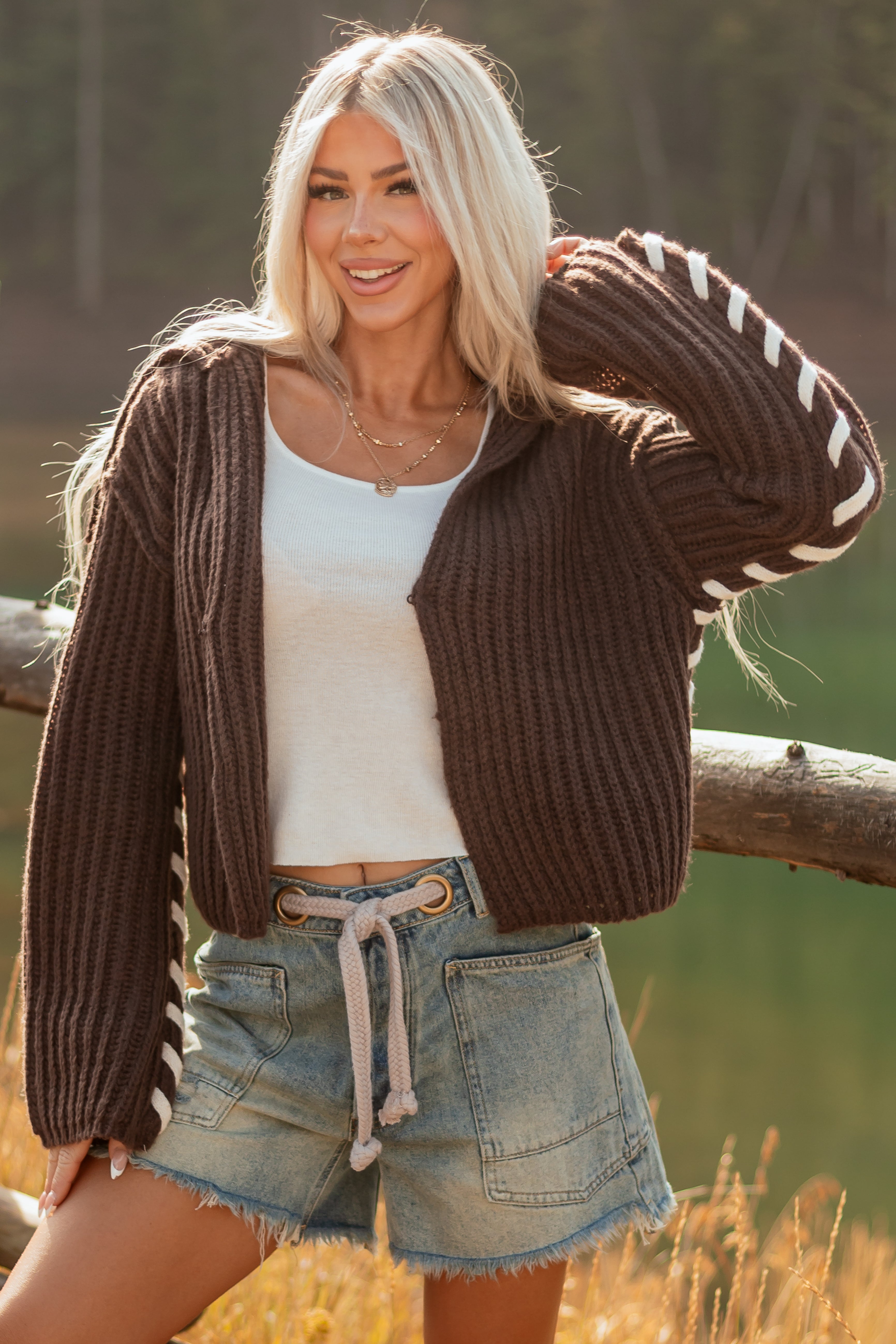 Chocolate Contrast Stitching Rib Knit Cardigan