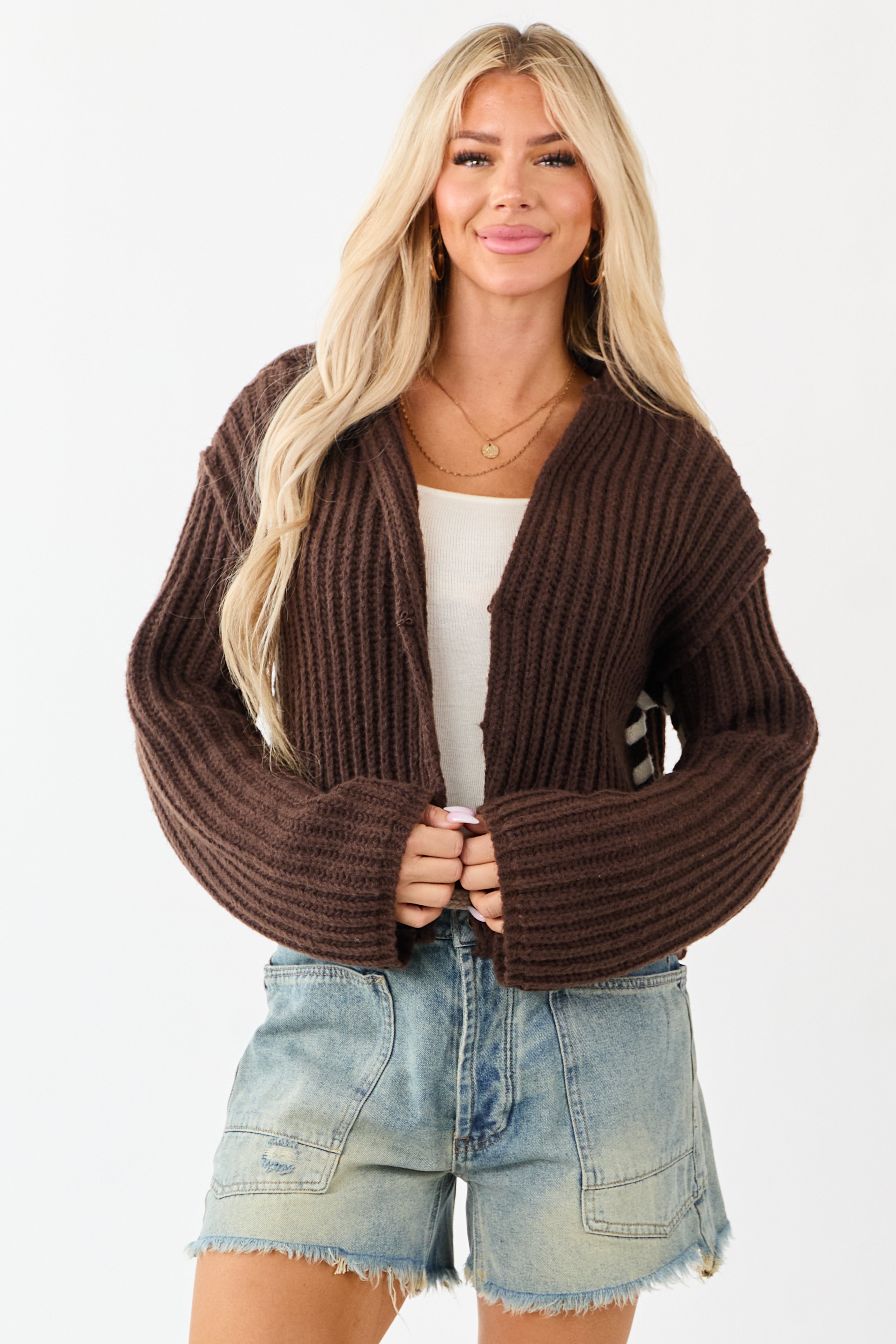 Chocolate Contrast Stitching Rib Knit Cardigan | Lime Lush Boutique