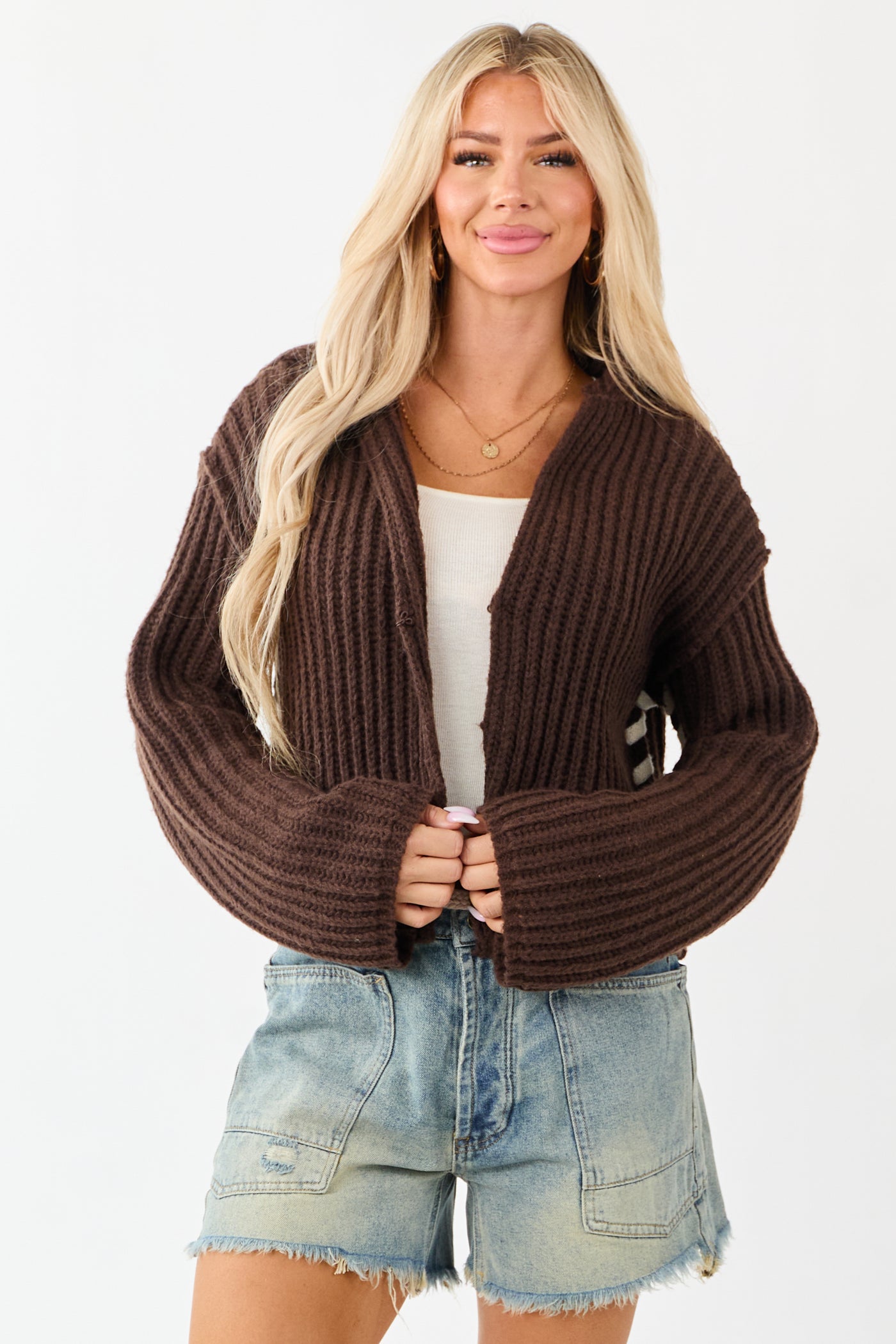 Chocolate Contrast Stitching Rib Knit Cardigan