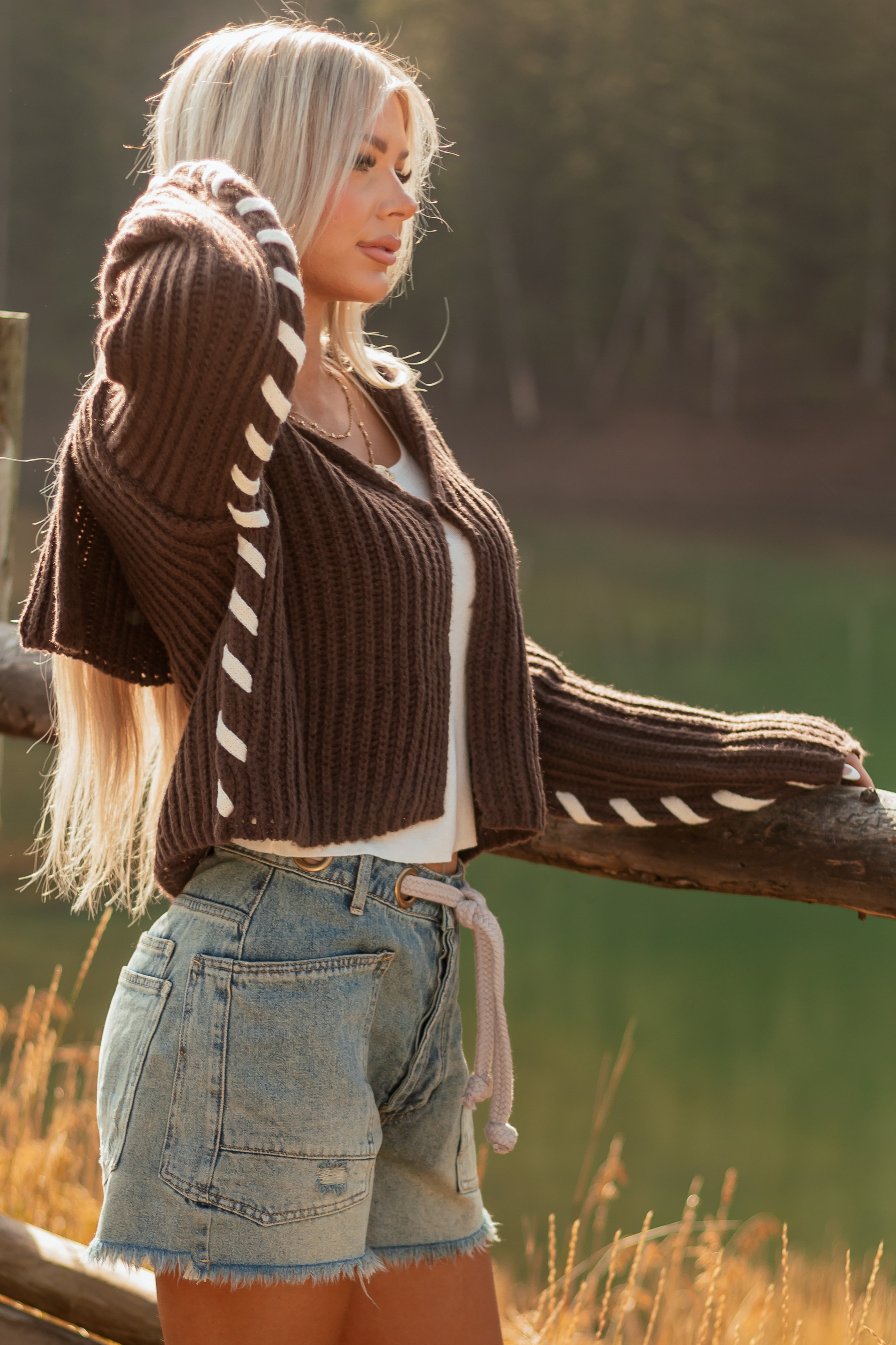 Chocolate Contrast Stitching Rib Knit Cardigan