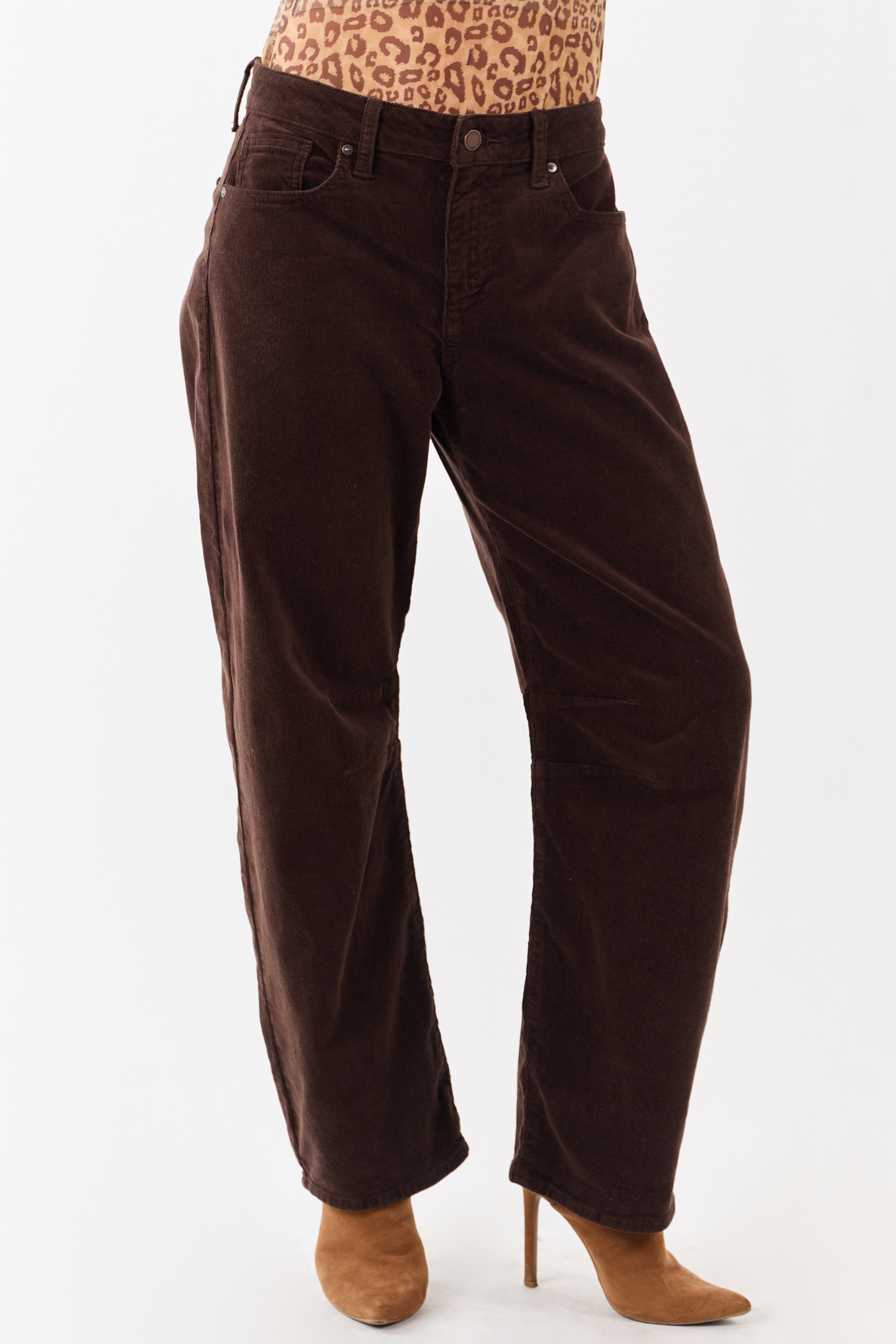 Chocolate Corduroy High Rise Stretchy Barrel Pants
