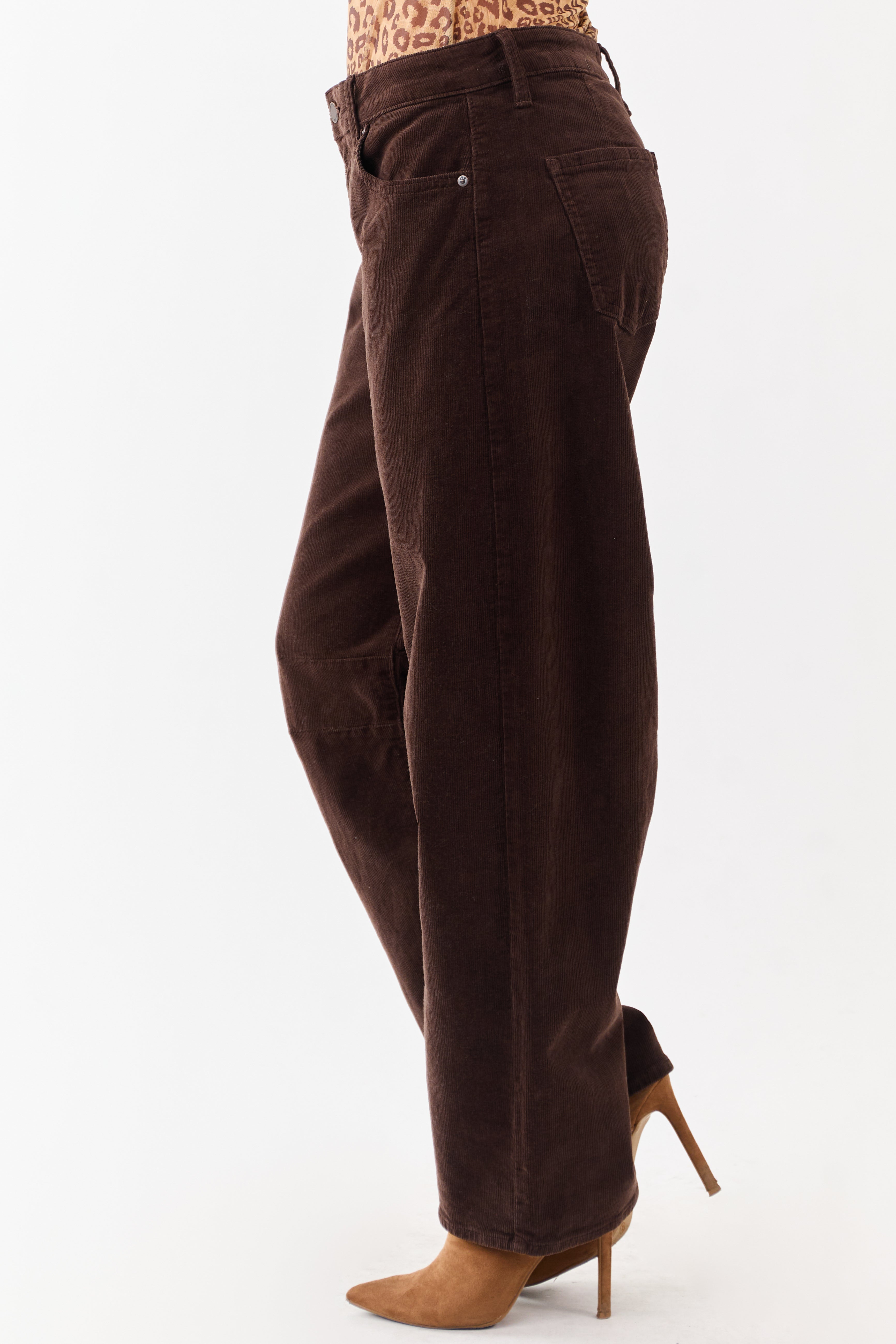 Chocolate Corduroy High Rise Stretchy Barrel Pants