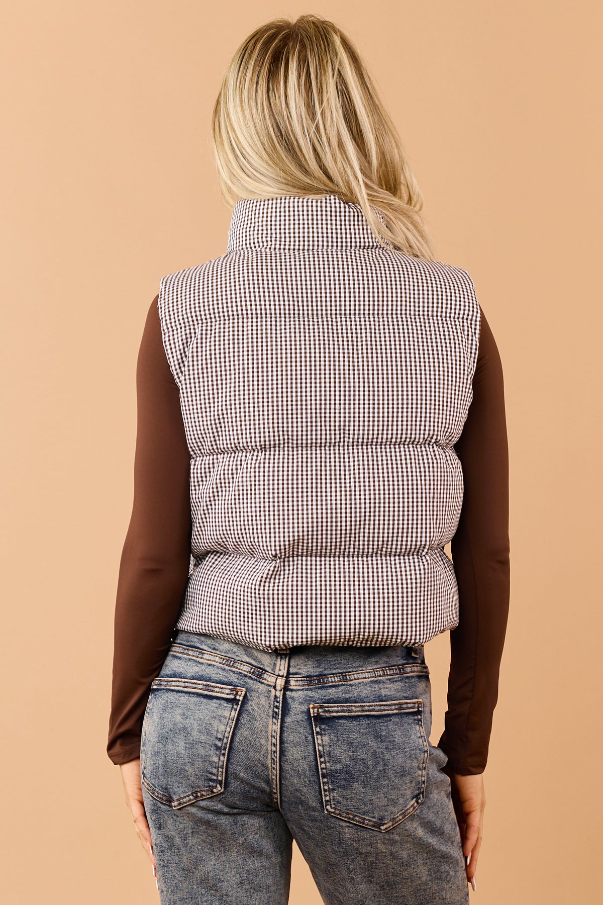 Chocolate Cotton Gingham Zip Up Puffer Vest