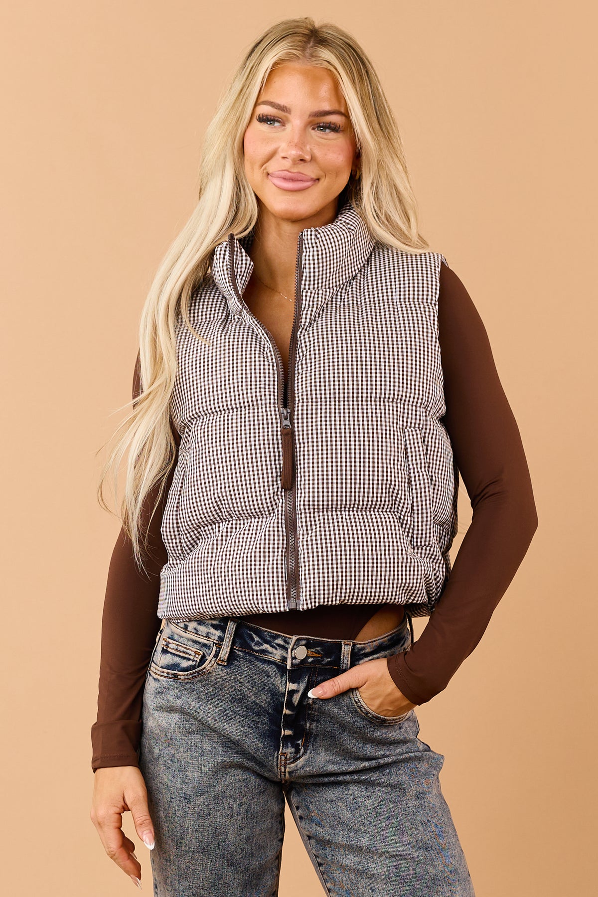 Chocolate Cotton Gingham Zip Up Puffer Vest