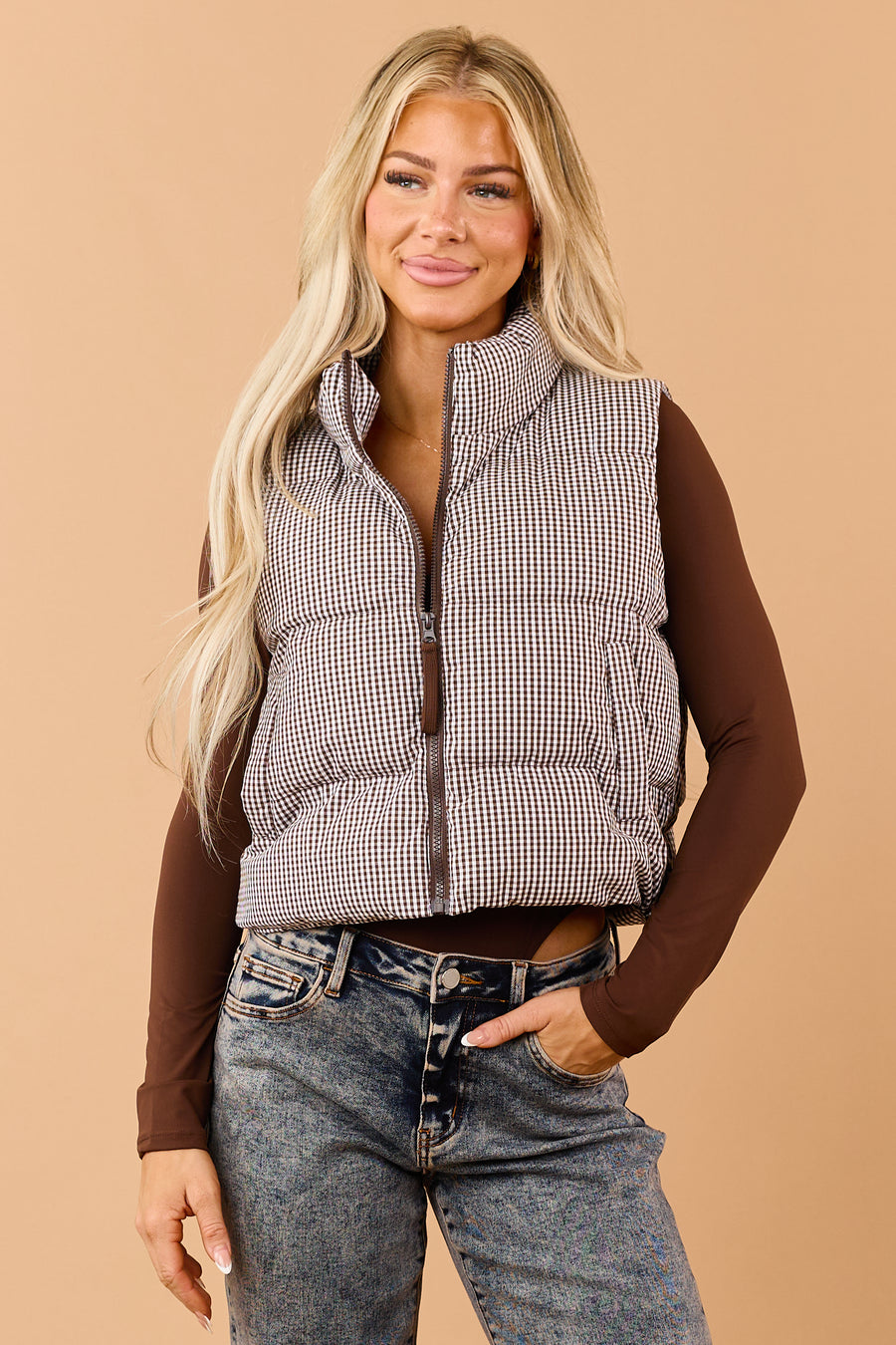 Chocolate Cotton Gingham Zip Up Puffer Vest