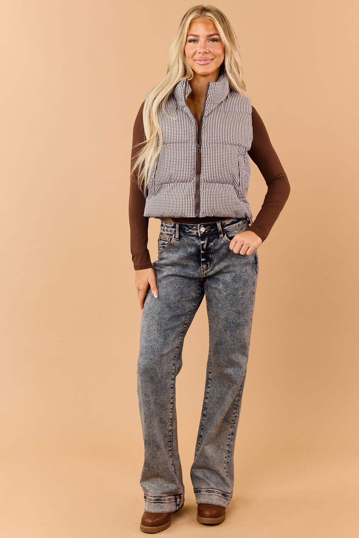 Chocolate Cotton Gingham Zip Up Puffer Vest
