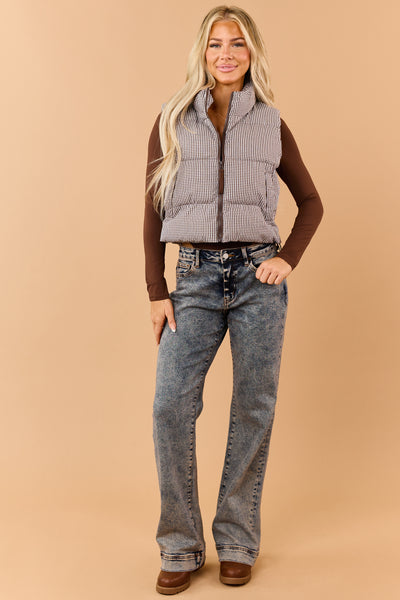 Chocolate Cotton Gingham Zip Up Puffer Vest
