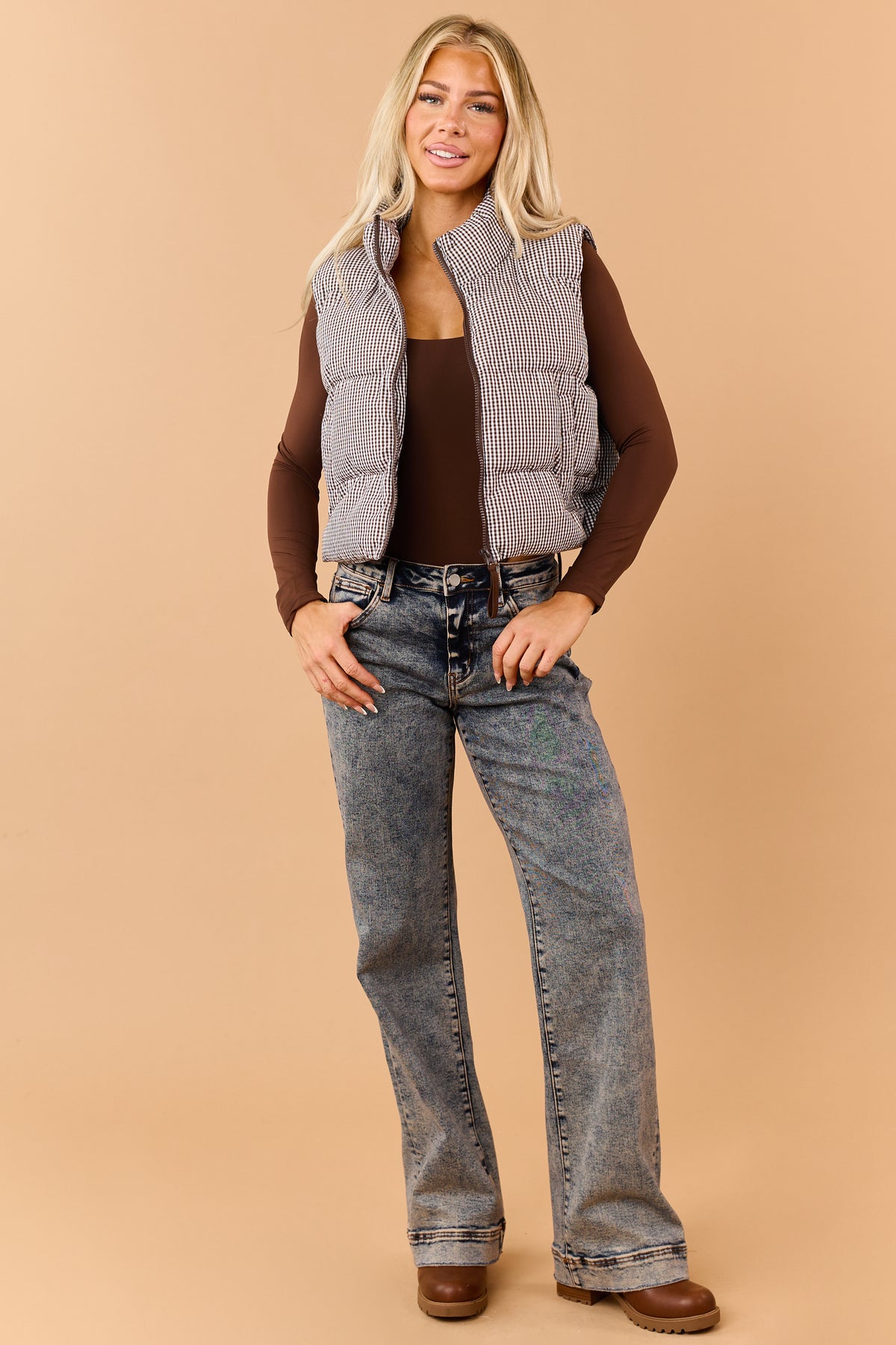 Chocolate Cotton Gingham Zip Up Puffer Vest