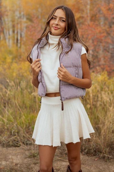 Chocolate Cotton Gingham Zip Up Puffer Vest