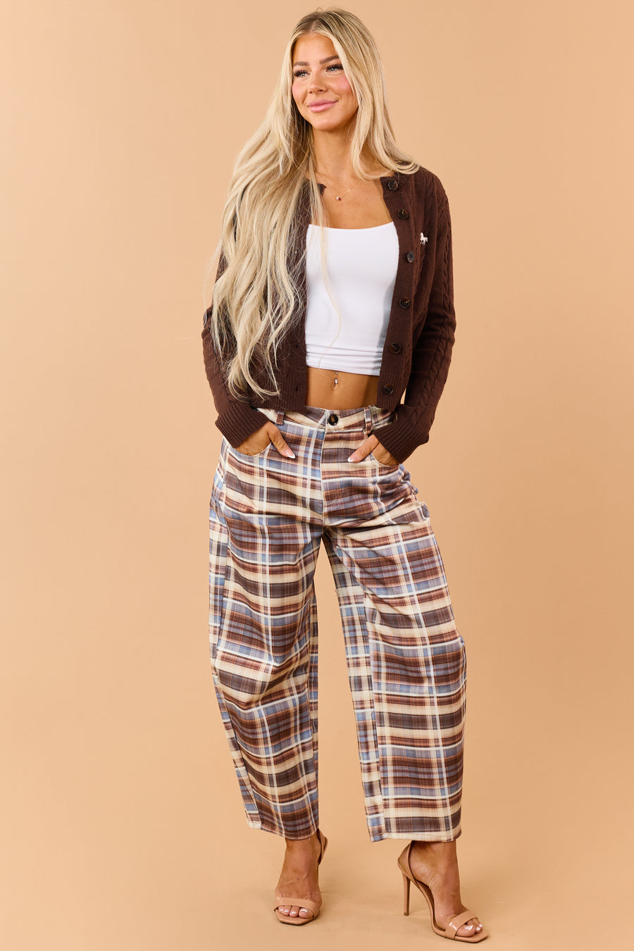 Chocolate Cotton Plaid Baggy Barrel Pants