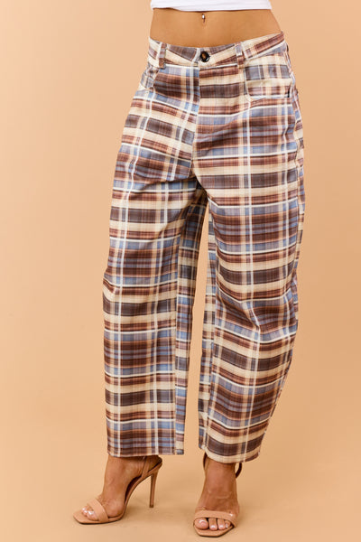Chocolate Cotton Plaid Baggy Barrel Pants