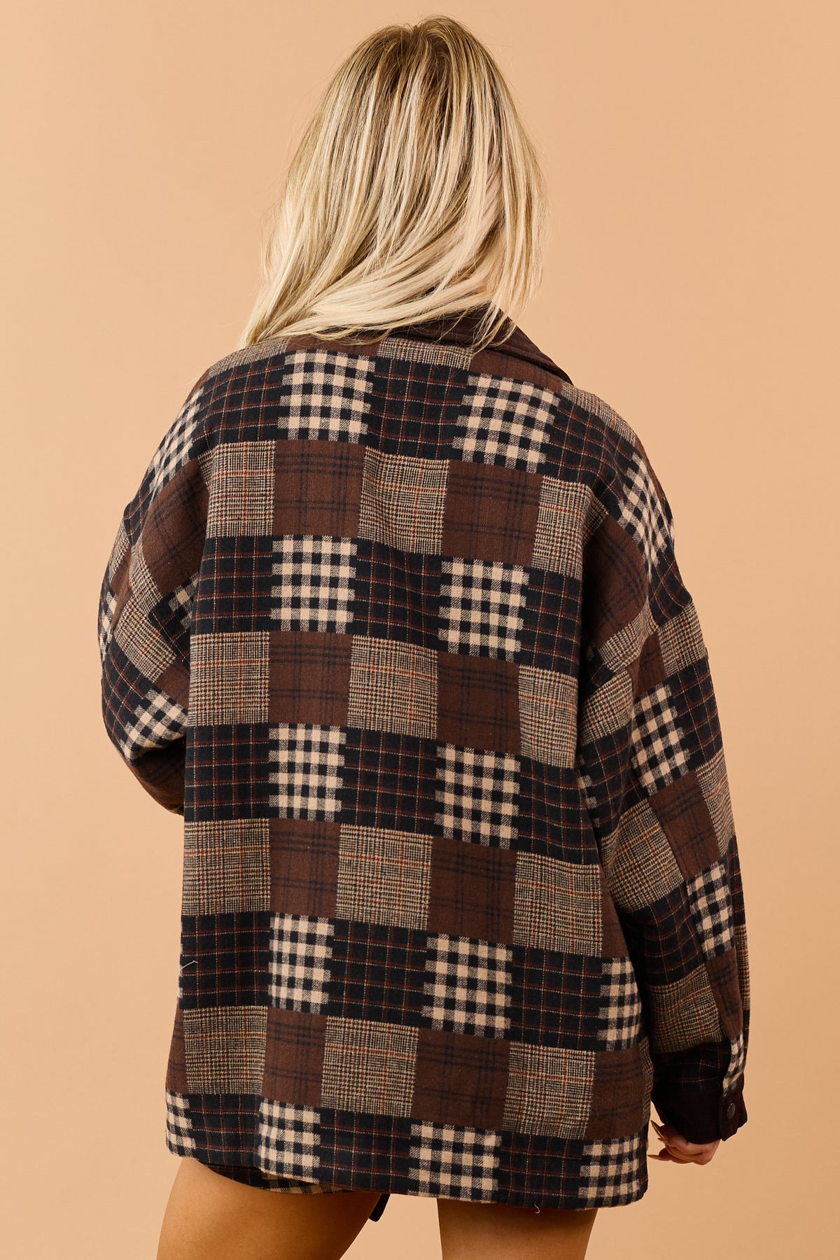 Chocolate Cotton Plaid Patchwork Corduroy Trim Shacket