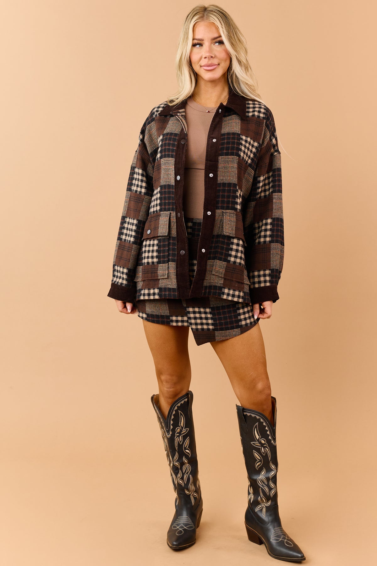 Chocolate Cotton Plaid Patchwork Corduroy Trim Shacket
