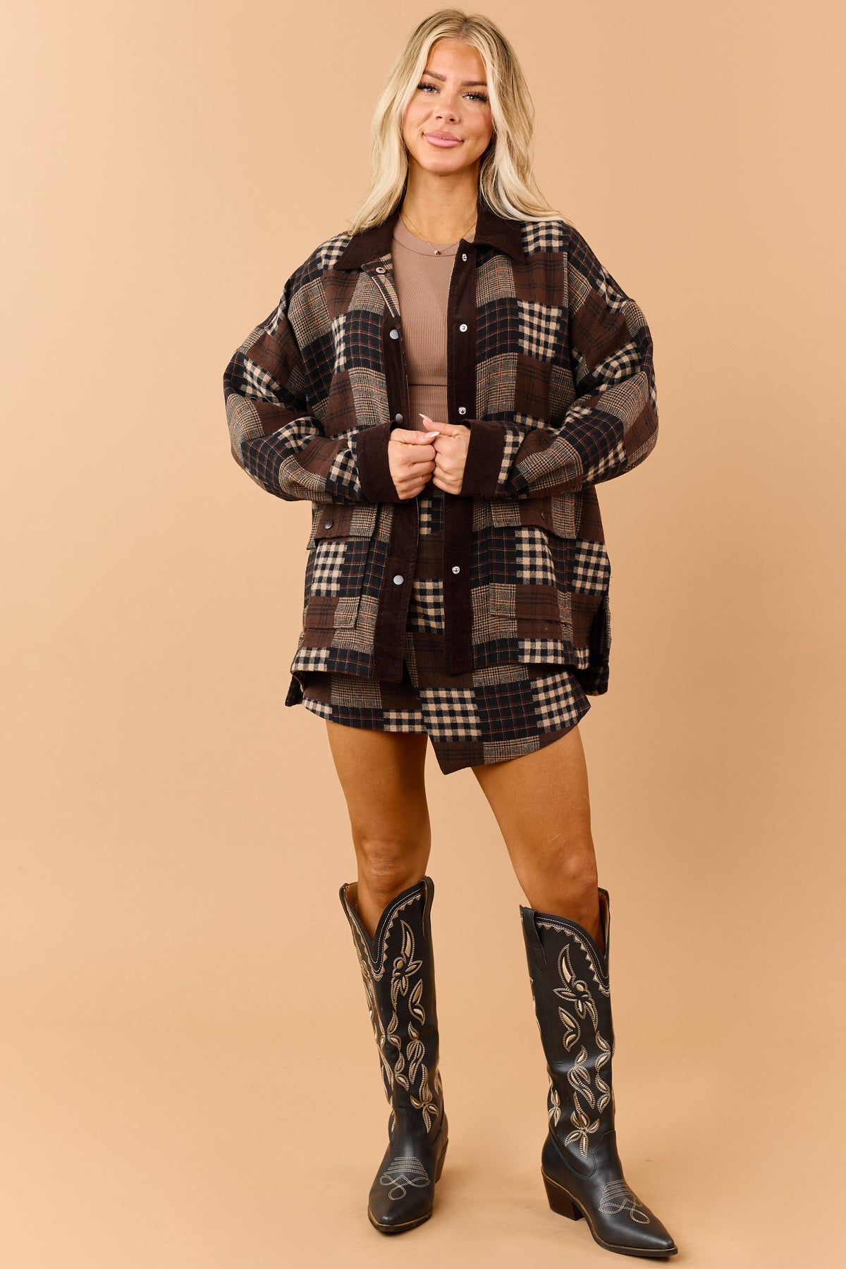 Chocolate Cotton Plaid Patchwork Corduroy Trim Shacket