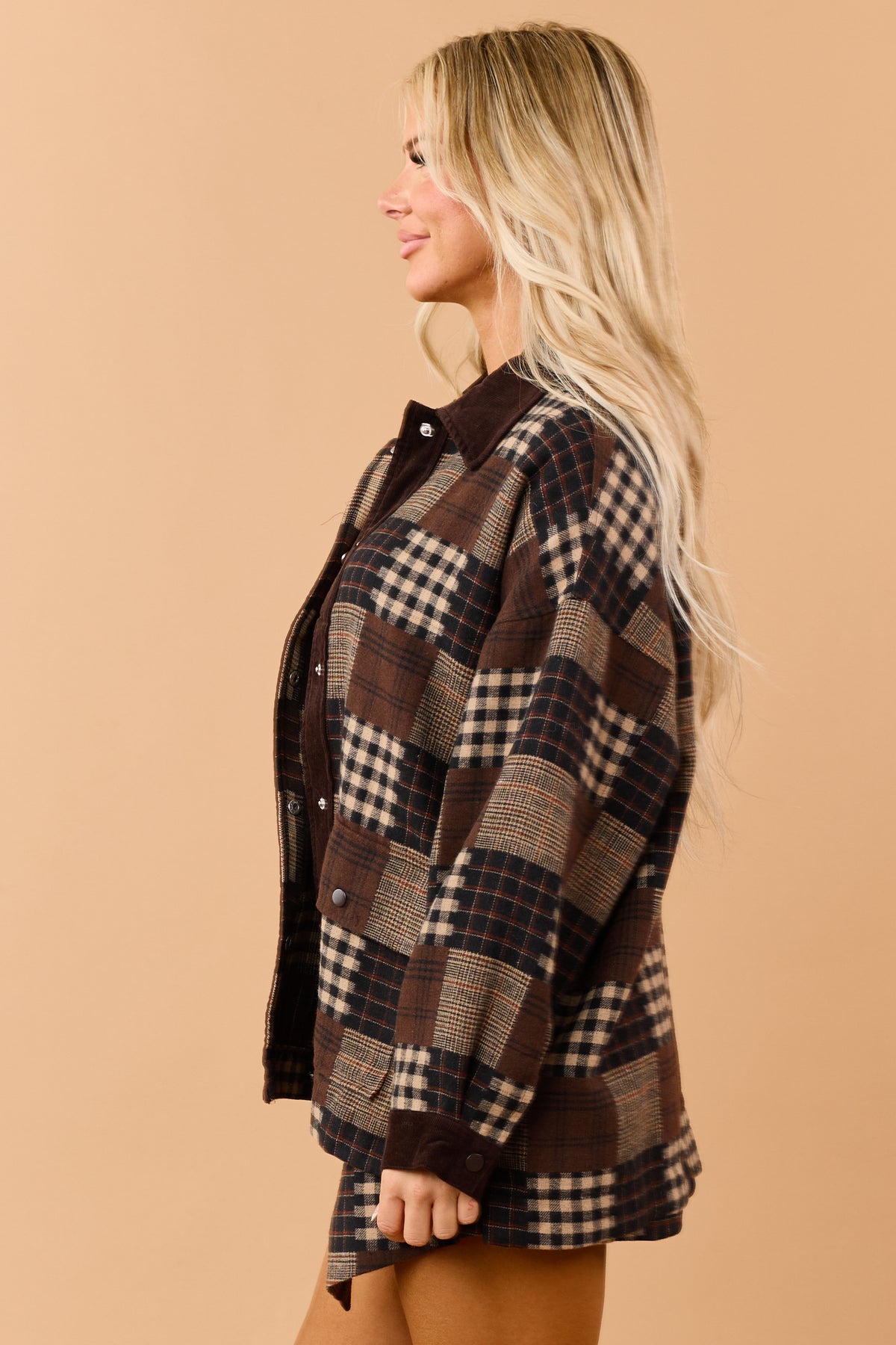 Chocolate Cotton Plaid Patchwork Corduroy Trim Shacket