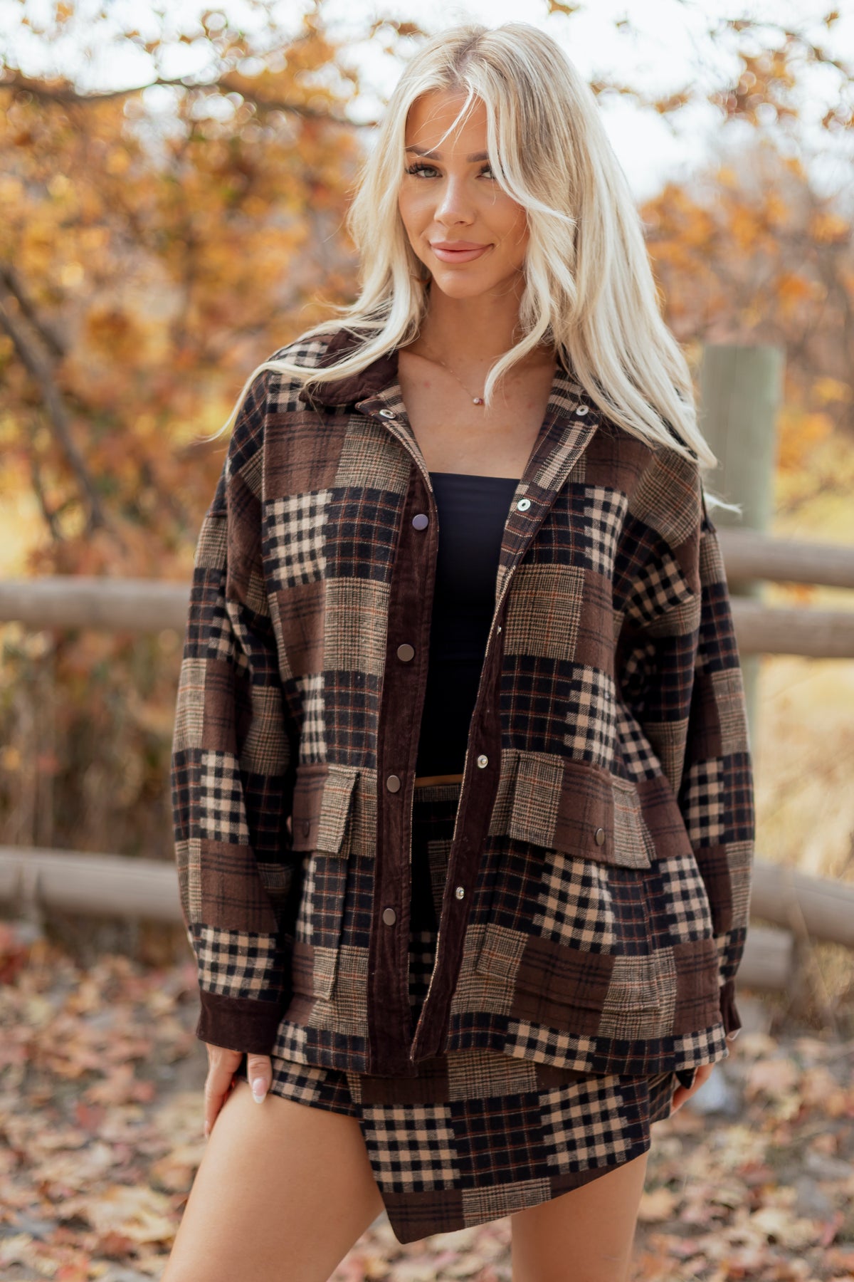 Chocolate Cotton Plaid Patchwork Corduroy Trim Shacket