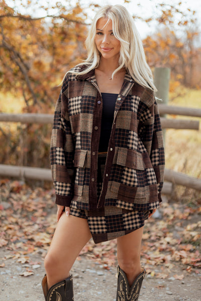 Chocolate Cotton Plaid Patchwork Wrap Skirt