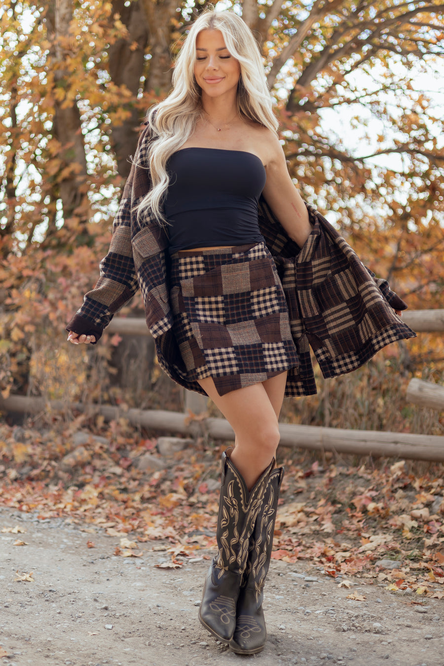 Chocolate Cotton Plaid Patchwork Wrap Skirt