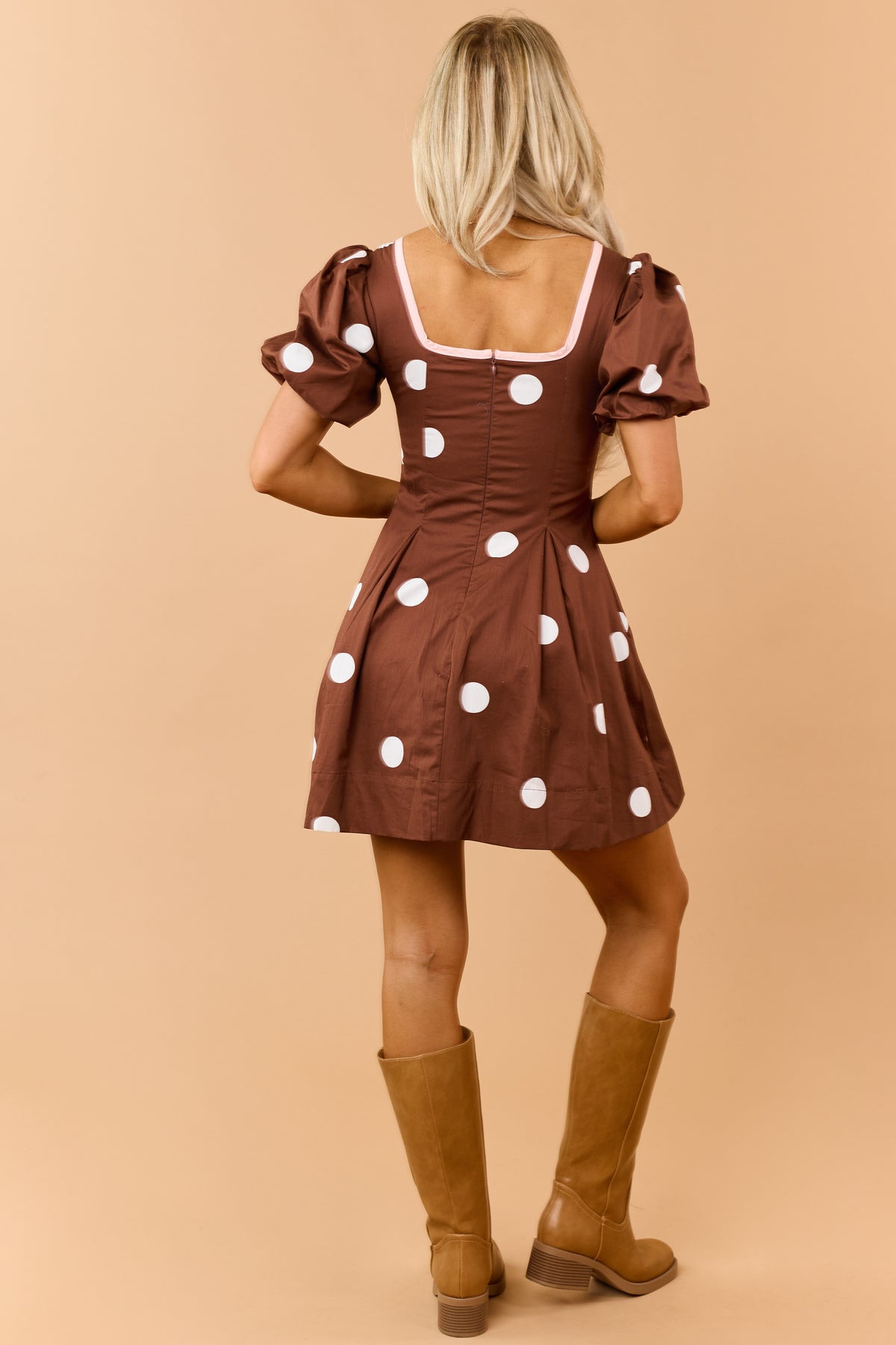 Chocolate Cotton Polka Dot Contrast Trim Mini Dress