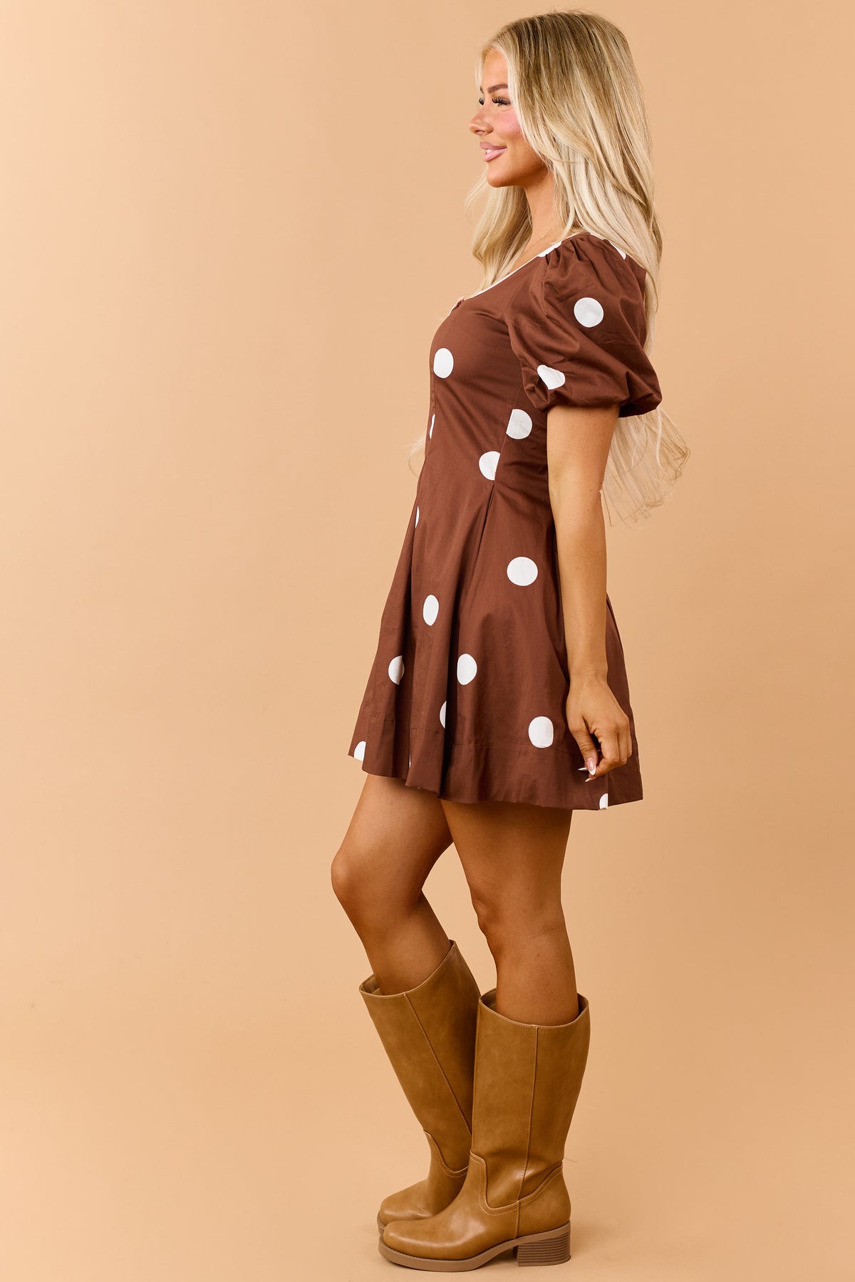 Chocolate Cotton Polka Dot Contrast Trim Mini Dress