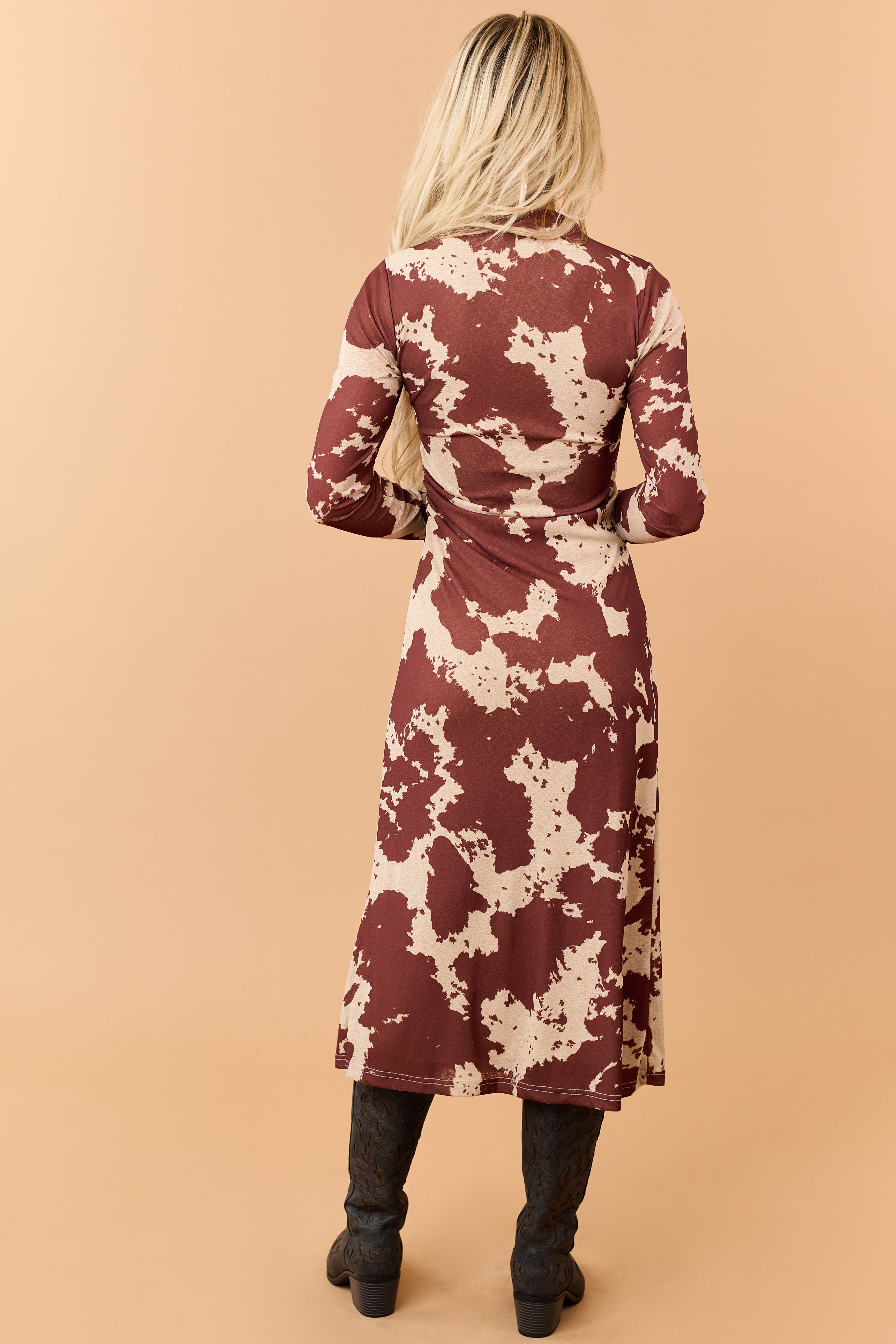 Chocolate Cow Print Long Sleeve Midi Dress