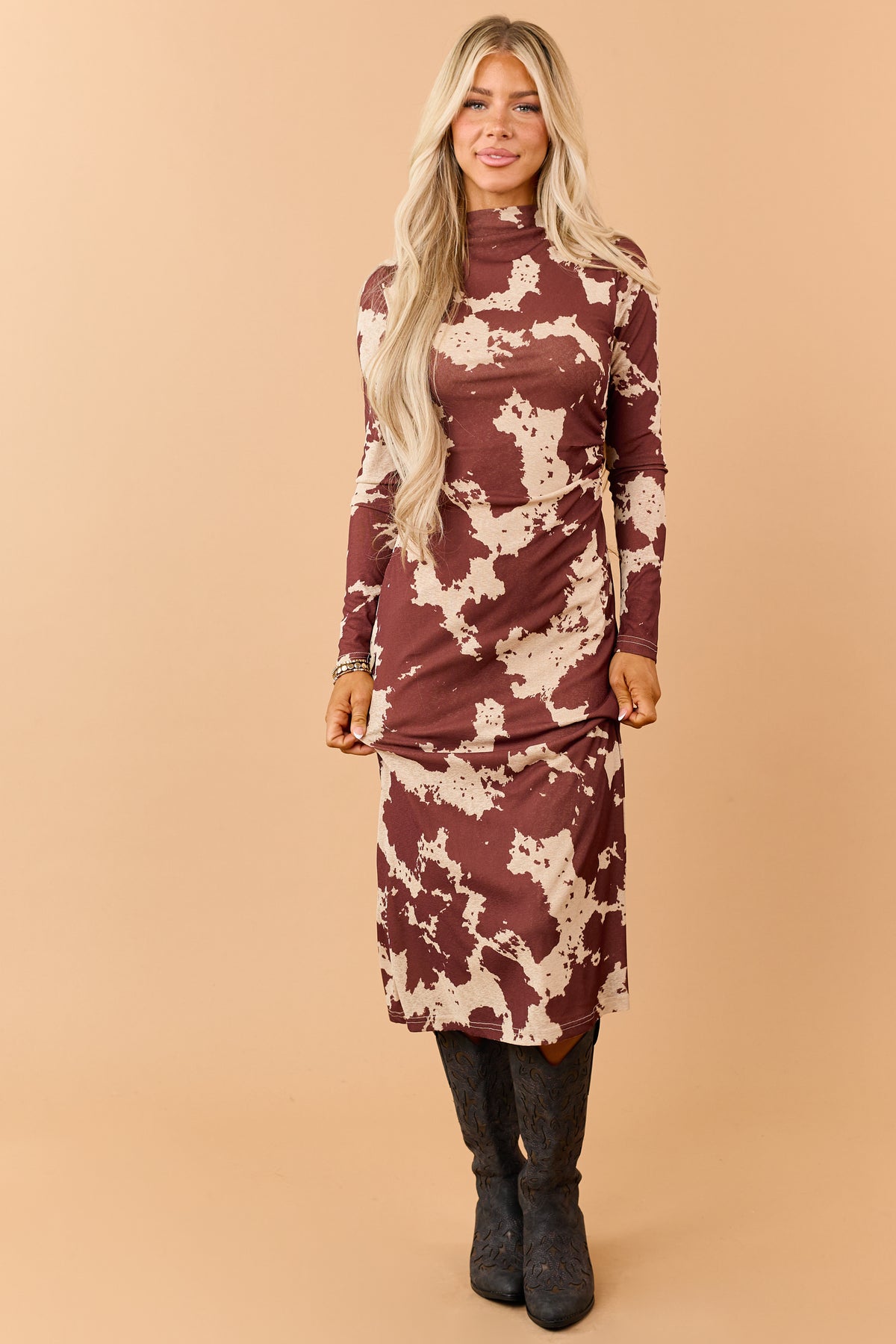 Chocolate Cow Print Long Sleeve Midi Dress