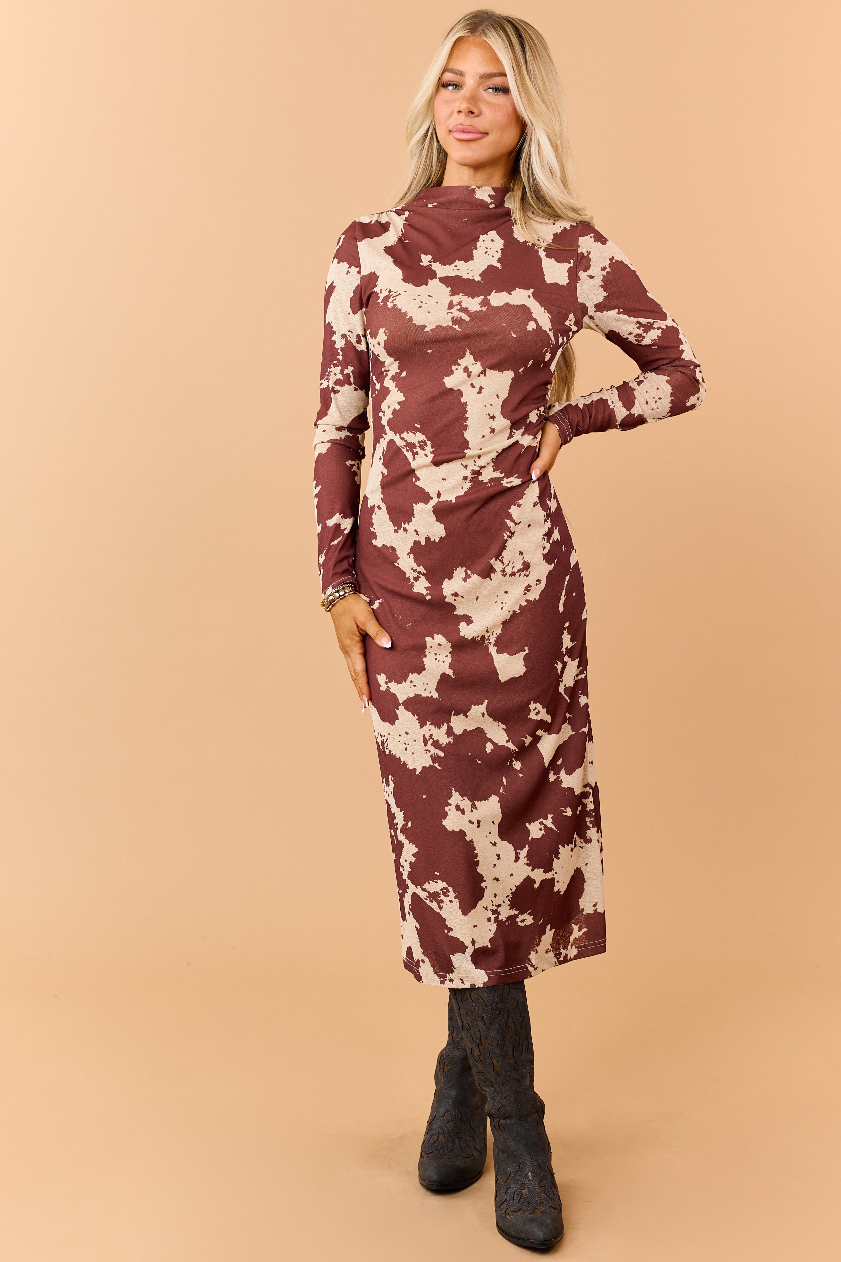 Chocolate Cow Print Long Sleeve Midi Dress