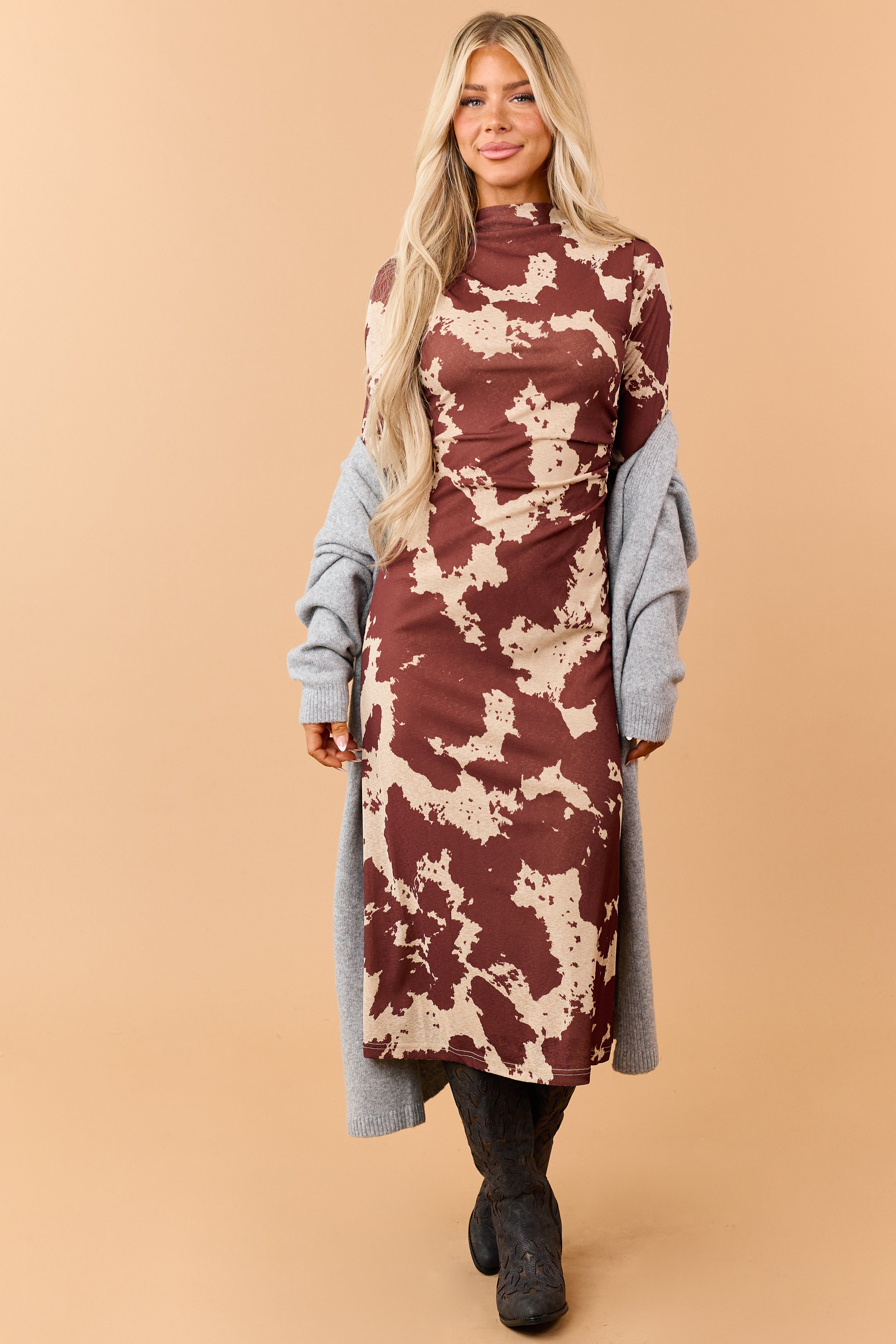 Chocolate Cow Print Long Sleeve Midi Dress