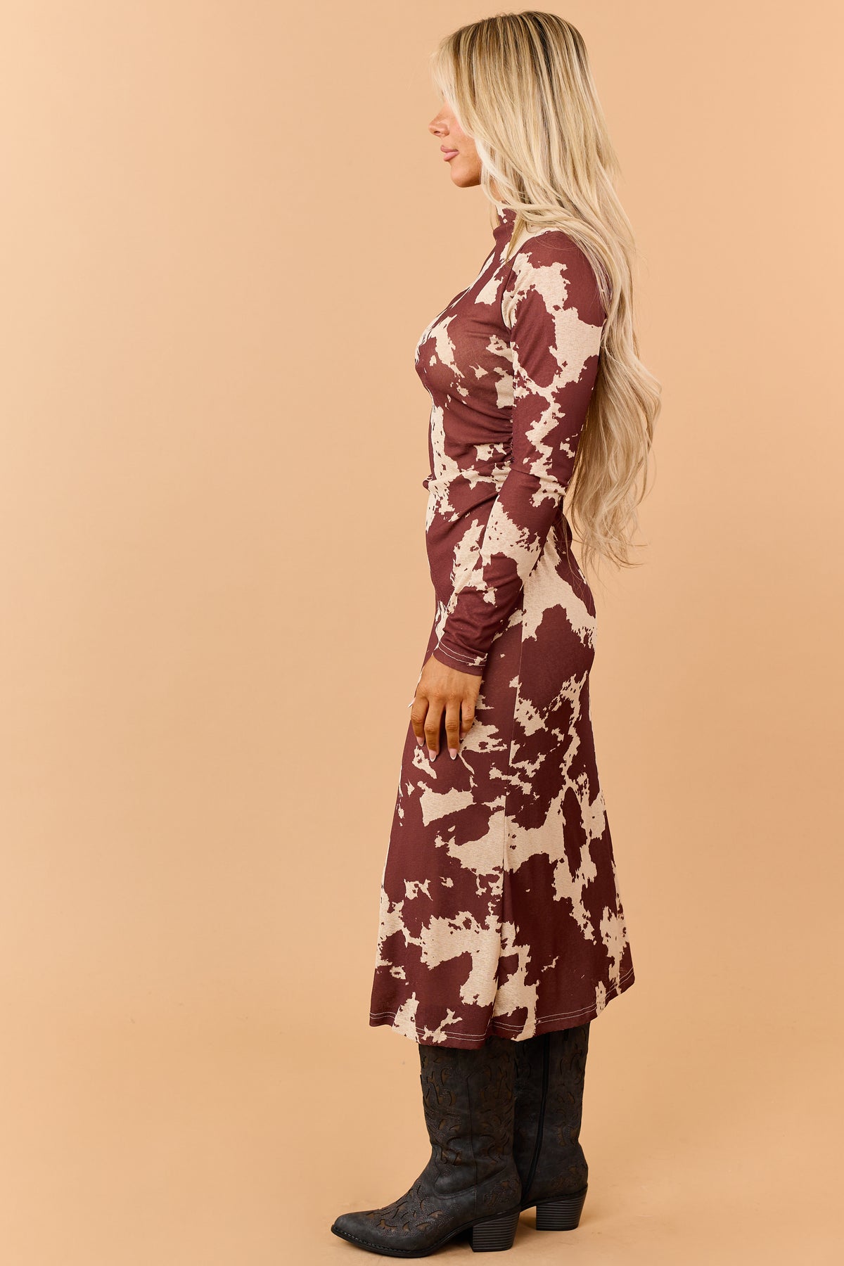 Chocolate Cow Print Long Sleeve Midi Dress