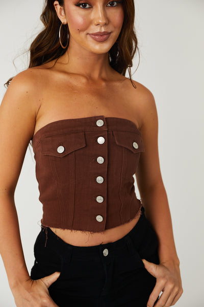 Chocolate Denim Strapless Button Up Corset Top