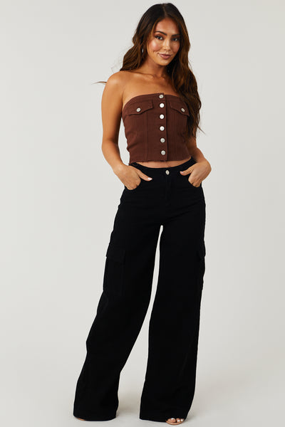 Chocolate Denim Strapless Button Up Corset Top