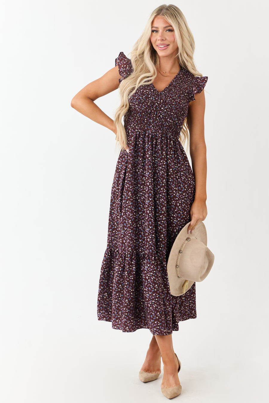 Chocolate Ditsy Floral Print Ruffle Sleeve Maxi Dress