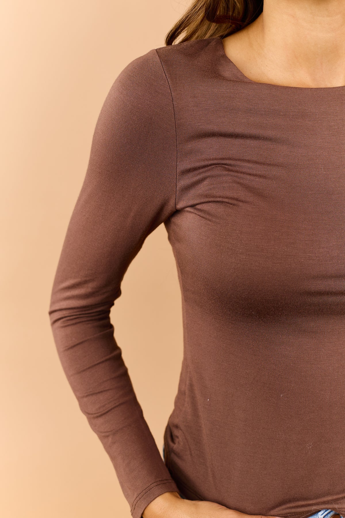 Chocolate Double Layer Soft Knit Long Sleeve Top