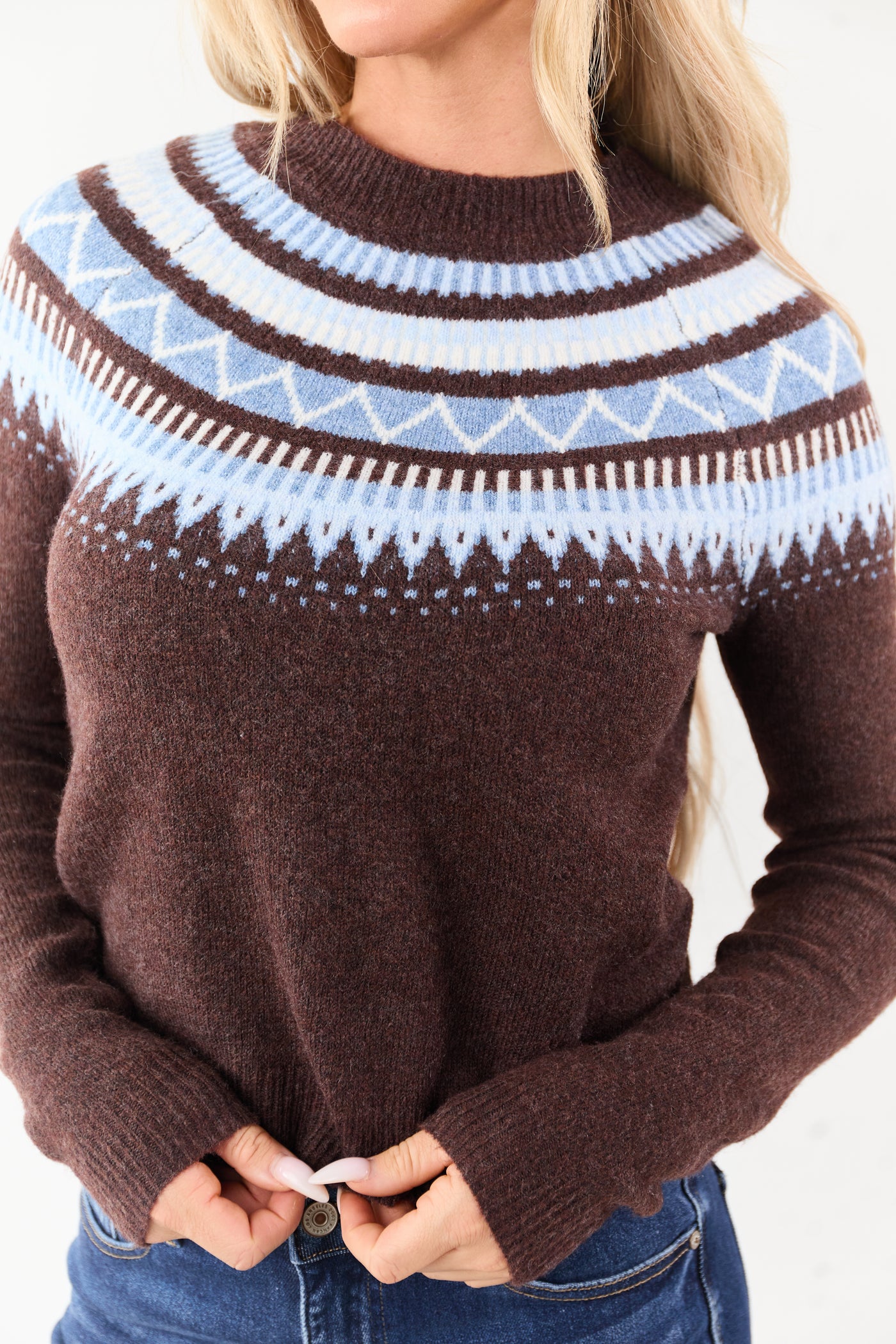 Chocolate Fair Isle Pattern Long Sleeve Sweater