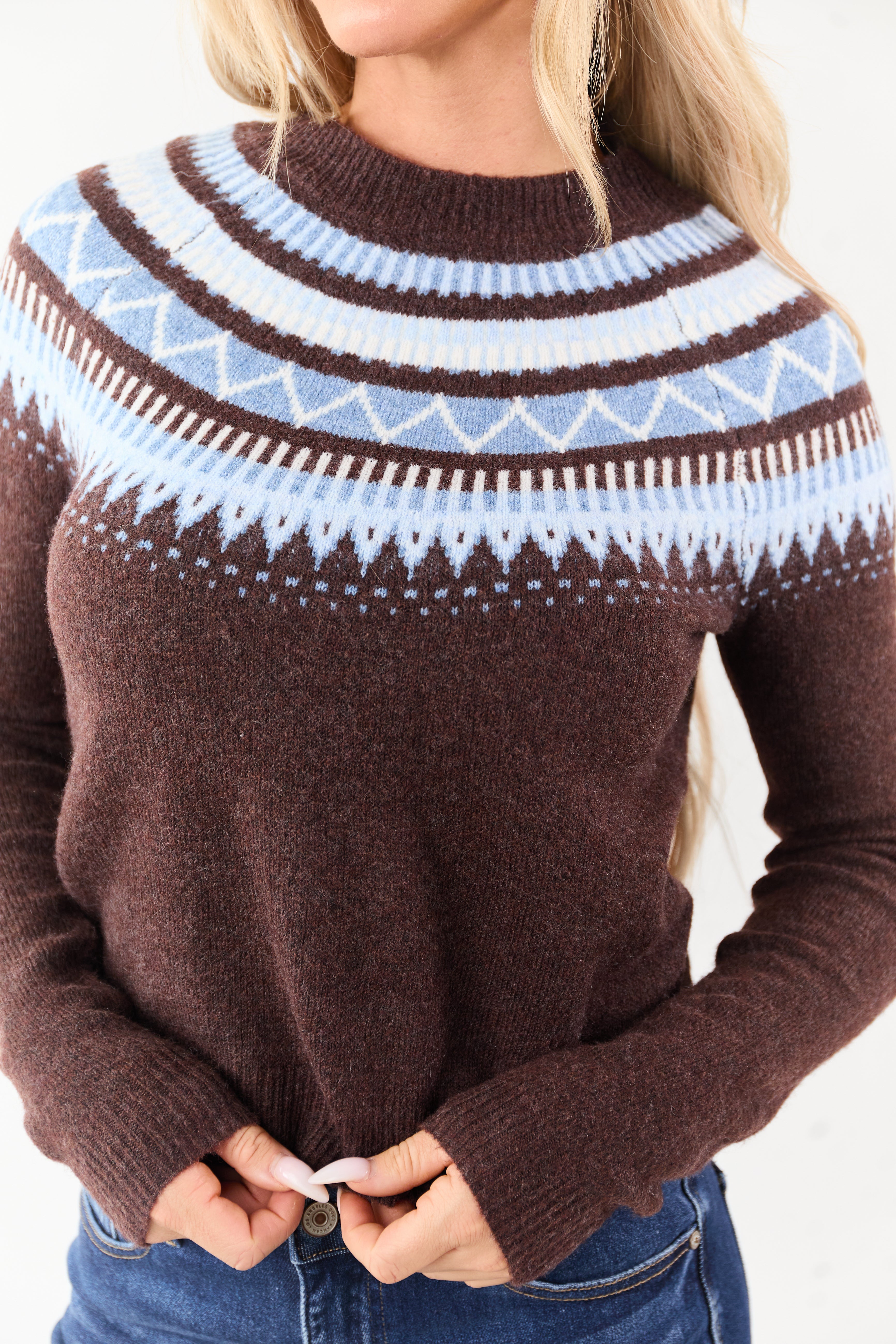 Chocolate Fair Isle Pattern Long Sleeve Sweater