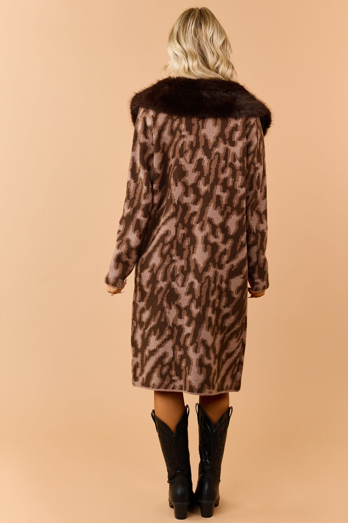 Chocolate Faux Fur Collar Abstract Print Sweater Coat
