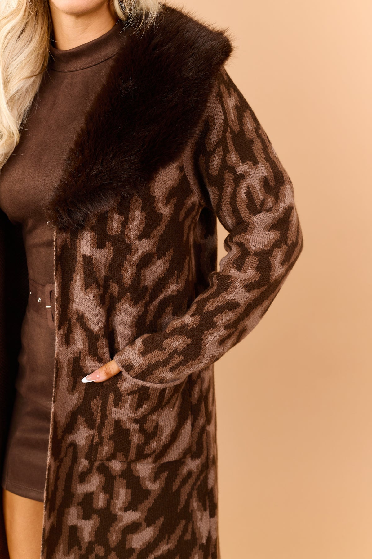 Chocolate Faux Fur Collar Abstract Print Sweater Coat