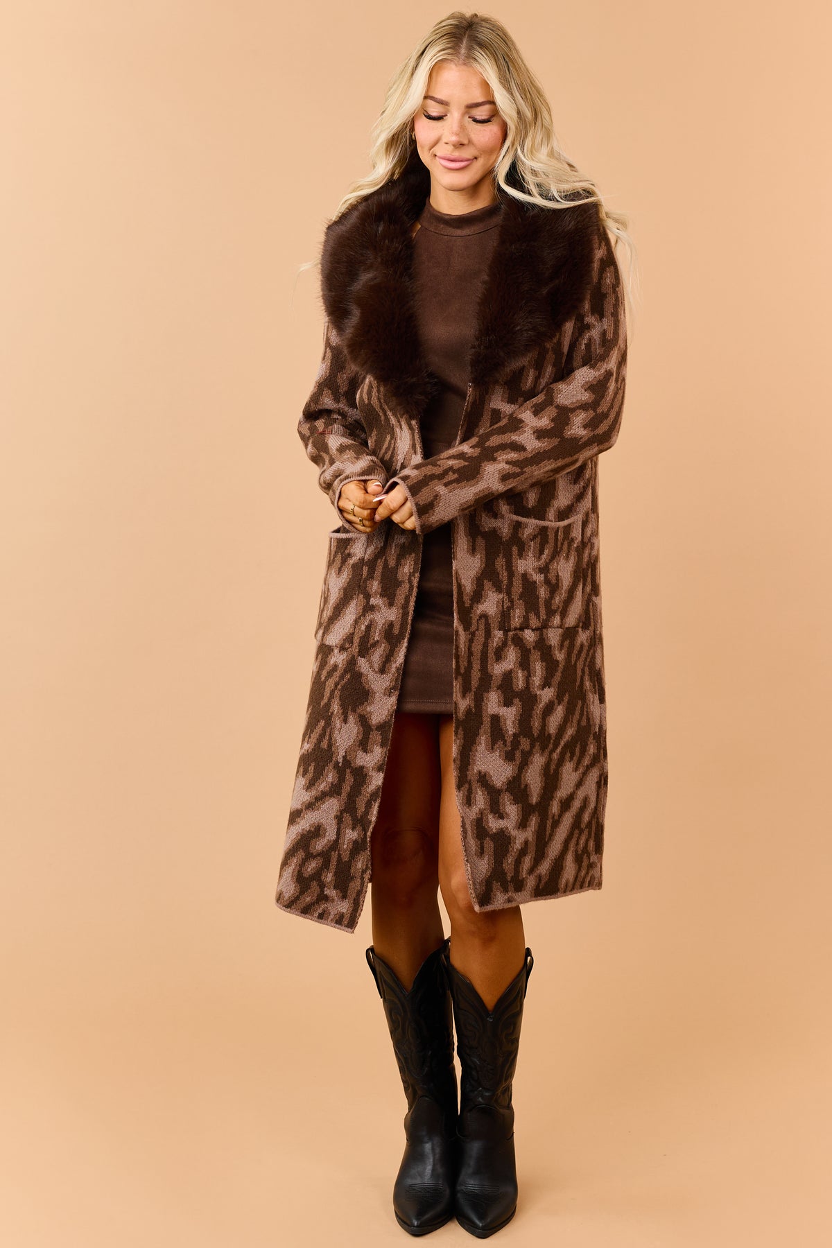 Chocolate Faux Fur Collar Abstract Print Sweater Coat