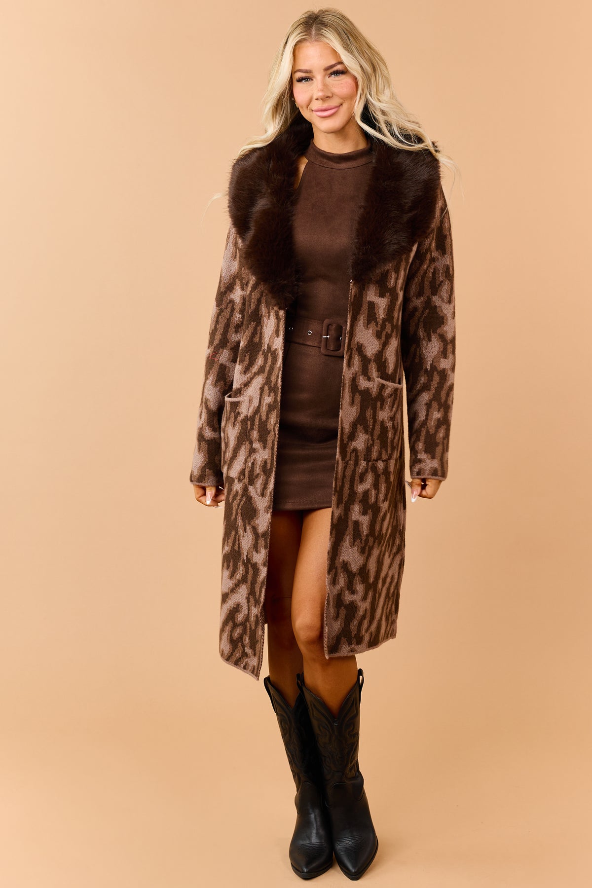 Chocolate Faux Fur Collar Abstract Print Sweater Coat