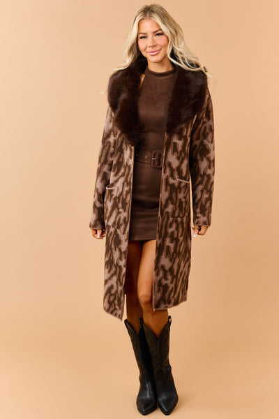 Chocolate Faux Fur Collar Abstract Print Sweater Coat