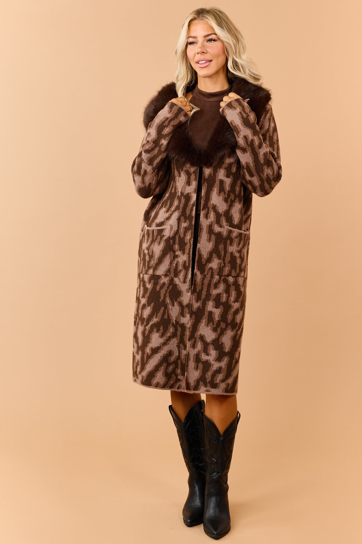 Chocolate Faux Fur Collar Abstract Print Sweater Coat
