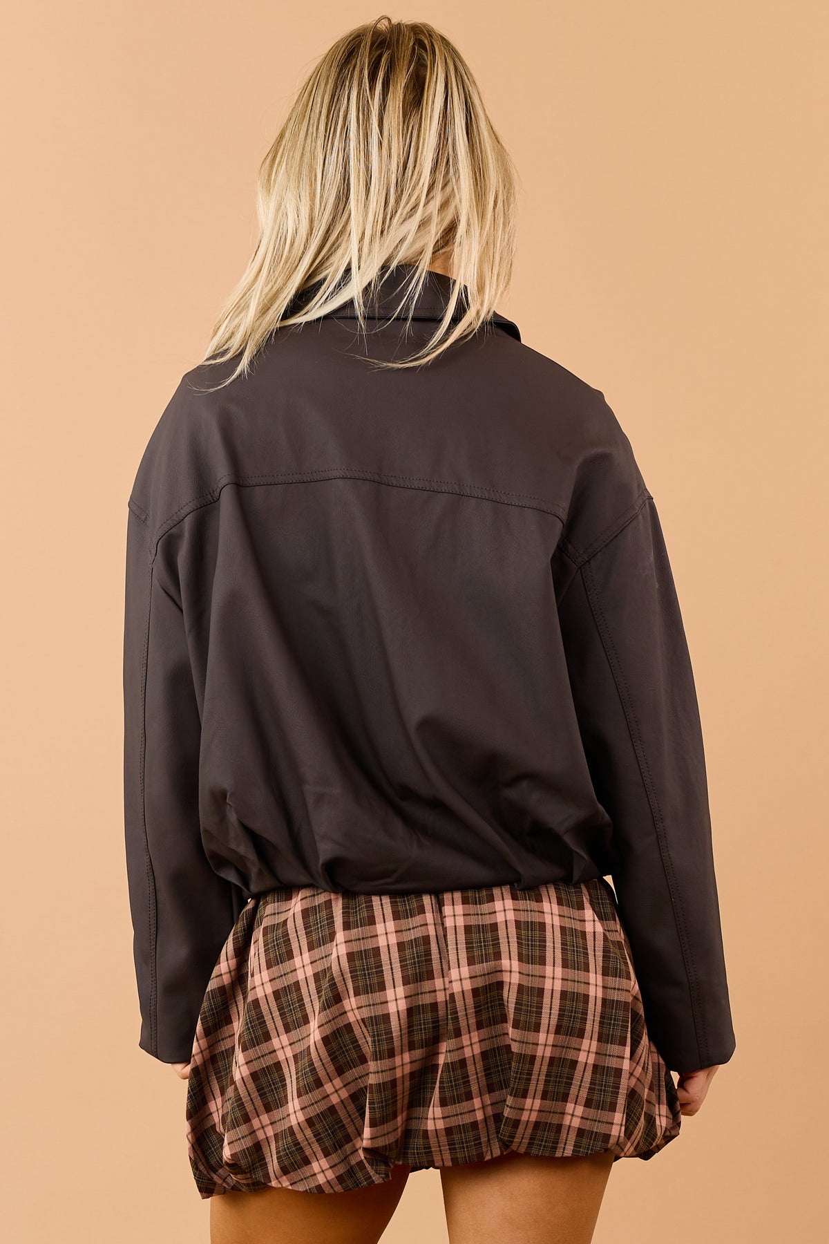 Chocolate Faux Leather Belted Hem Zip Up Jacket