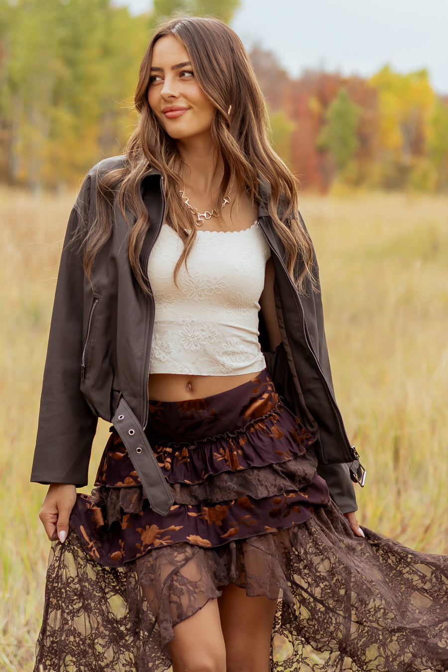 Chocolate Faux Leather Belted Hem Zip Up Jacket