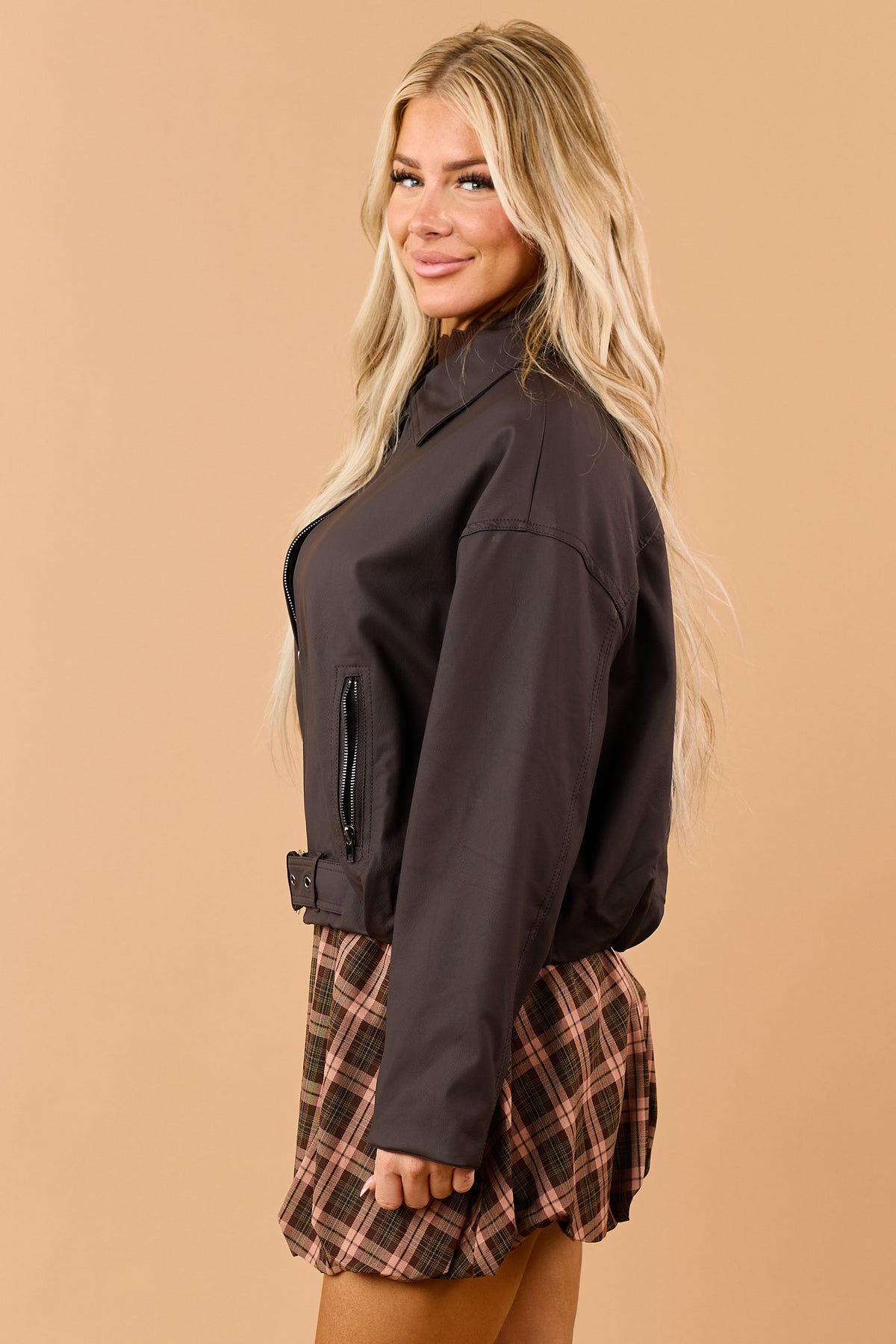 Chocolate Faux Leather Belted Hem Zip Up Jacket