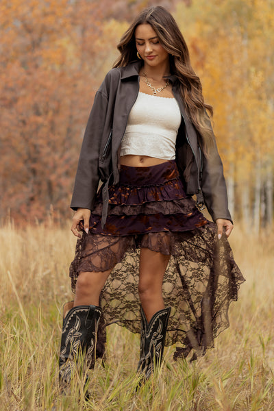 Chocolate Faux Leather Belted Hem Zip Up Jacket