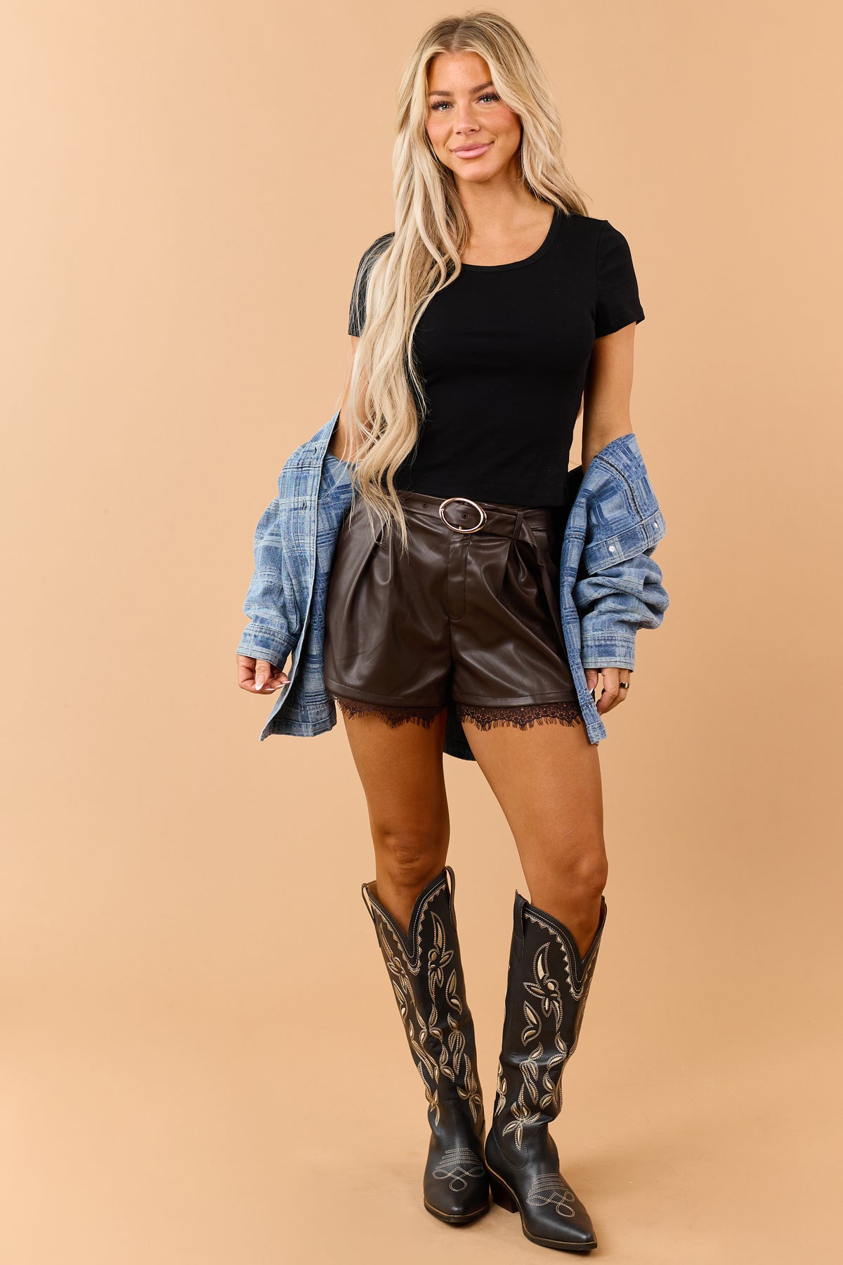 Chocolate Faux Leather Lace Hem Belted Shorts