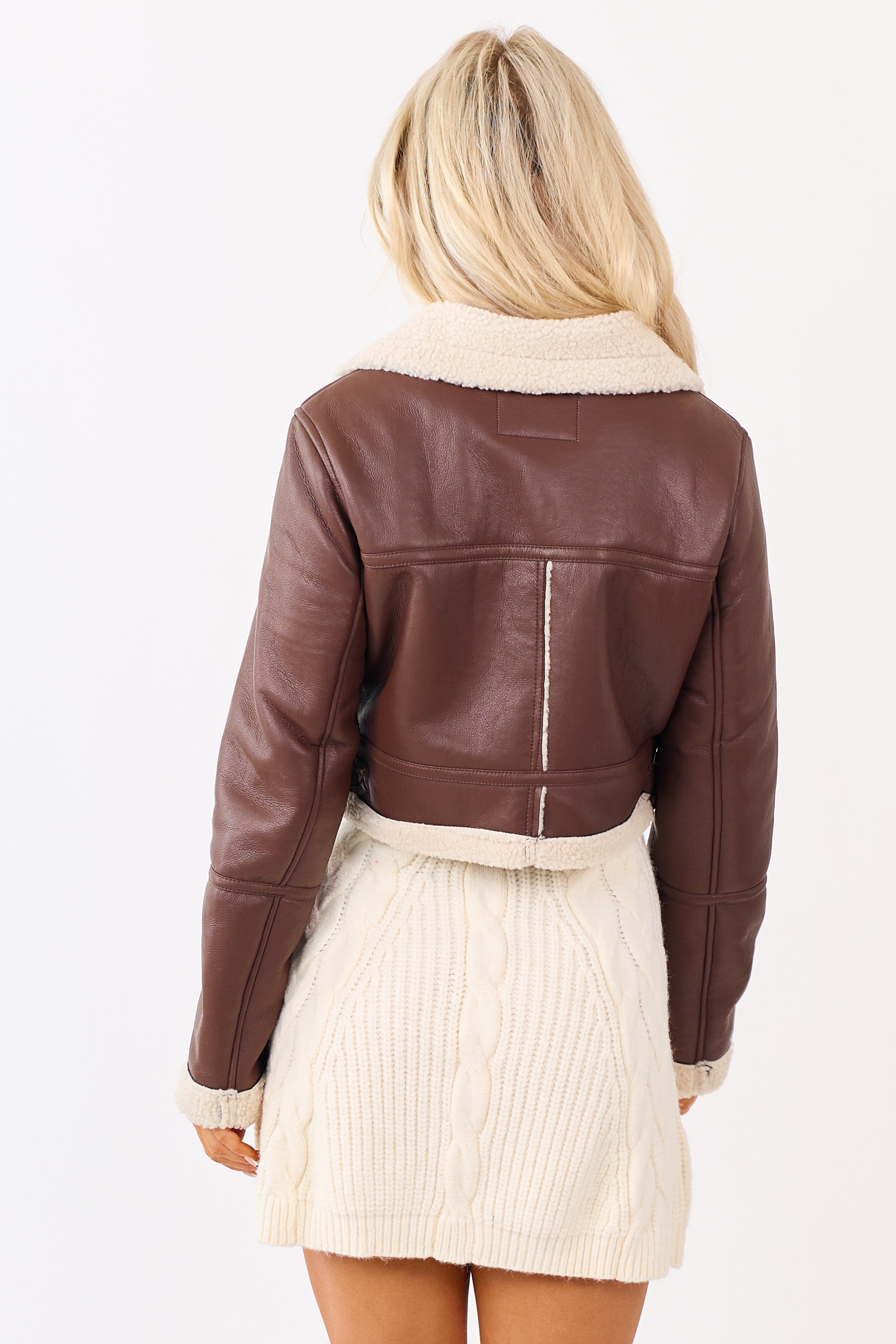 Chocolate Faux Leather Sherpa Lined Jacket