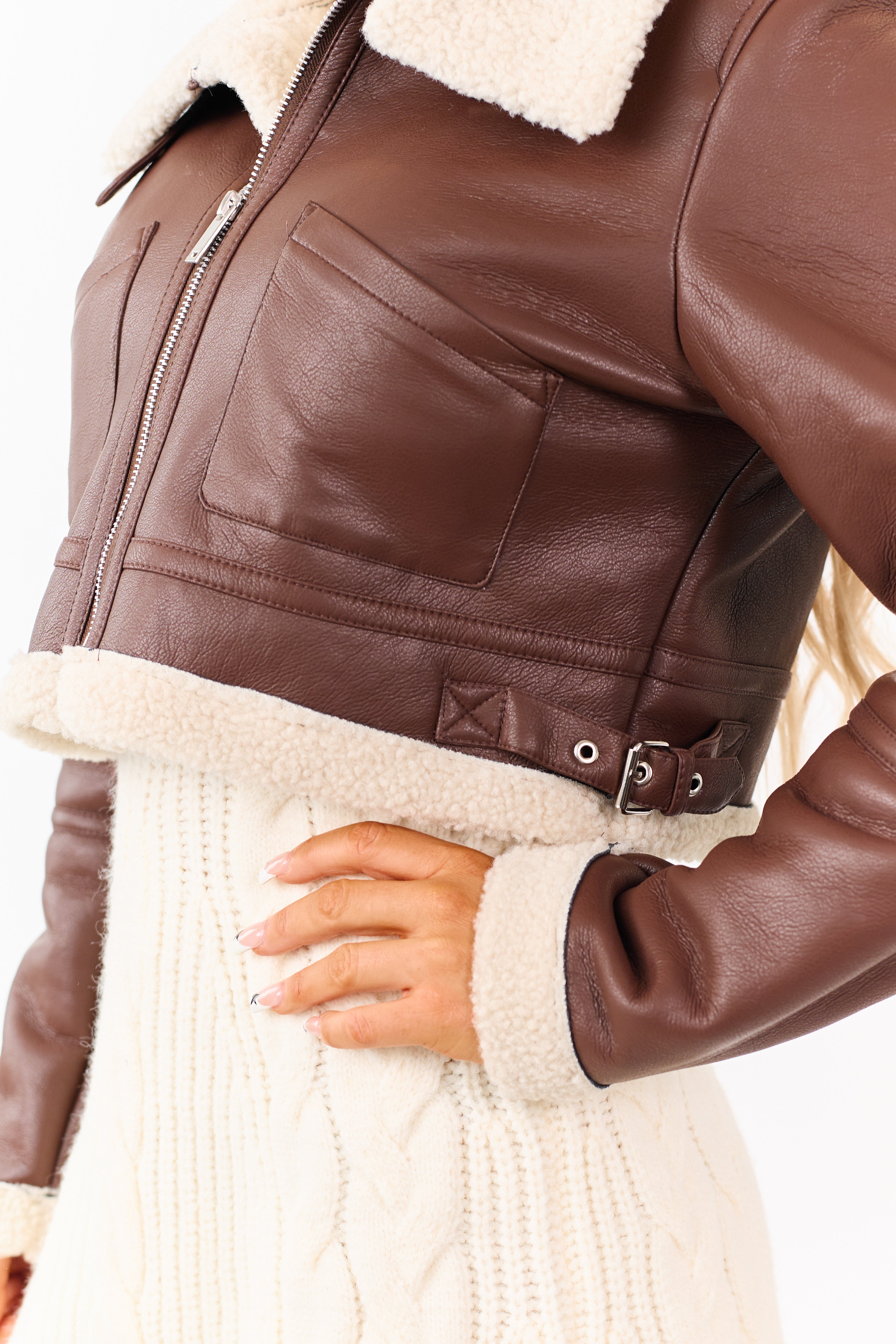 Chocolate Faux Leather Sherpa Lined Jacket | Lime Lush Boutique