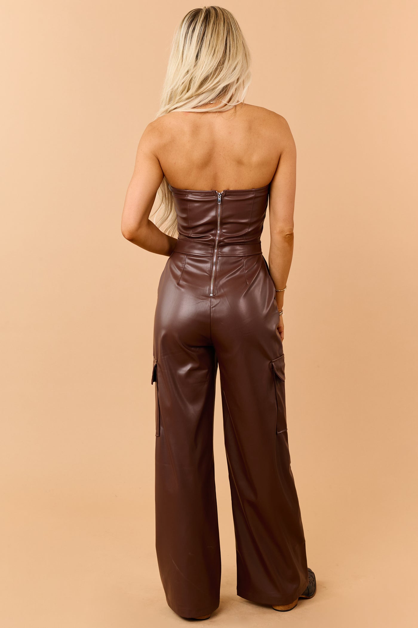 Chocolate Faux Leather Strapless Cargo Jumpsuit