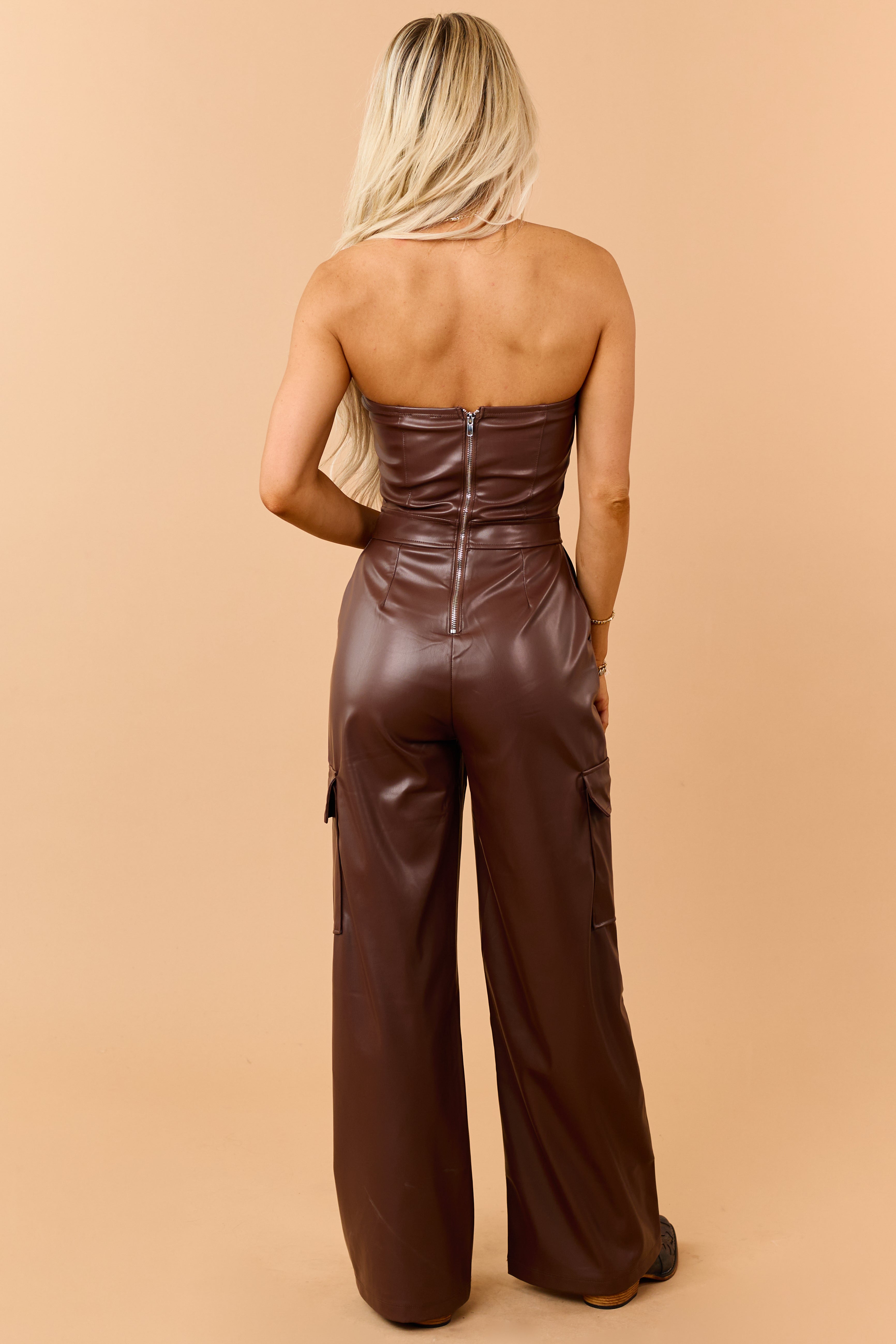 Chocolate Faux Leather Strapless Cargo Jumpsuit